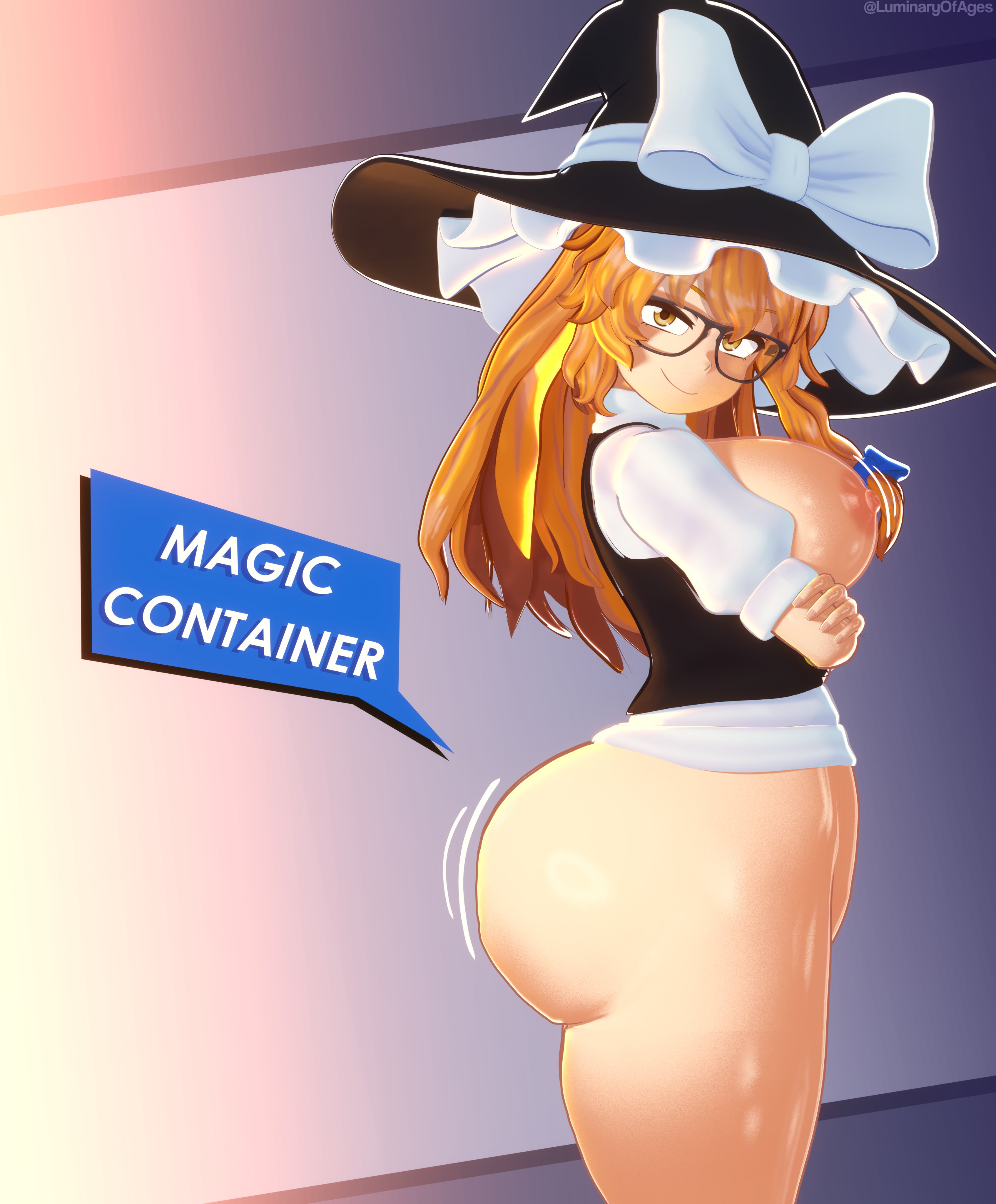 1girls, 3d, ass, big ass, big breasts, boobs out, evil container, fat ass, female, glasses, huge ass, luminaryofages, marisa kirisame, sideass, touhou, yellow hair