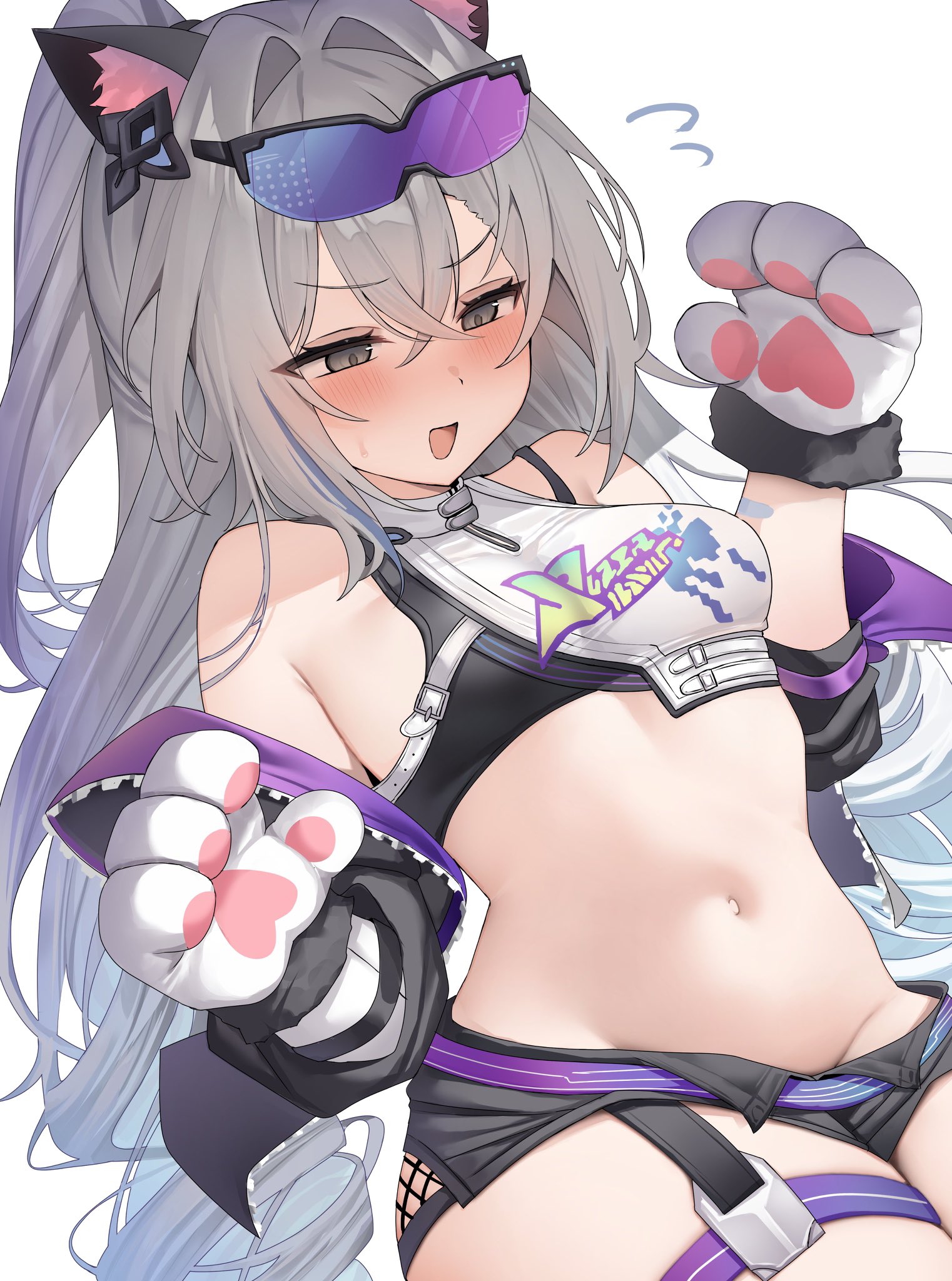 :d, 1girls, animal hands, cat ears, cat girl, child bearing hips, crotch, curvy, embarrassed, flying sweatdrops, honkai: star rail, kobako42, nervous, nervous smile, open mouth, paw gloves, silver wolf (honkai: star rail), small breasts, smile, thick thighs, v-shaped eyebrows, voluptuous, wide hips