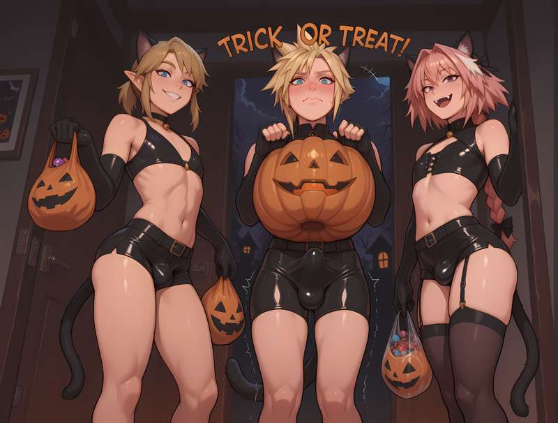 3boys, ai generated, asian, asian male, astolfo (fate), balls, balls outline, black clothing, blonde, blonde hair, blonde male, blonde-haired male, blue eyes, bra, braid, braided hair, braided ponytail, brown eyes, bulge, bulge through clothing, bulge under clothes, candy, cat ears, cat tail, catboy, choker, cloud strife, costume, crop top, crossdressing, cute, cute expression, cute face, cute male, english text, erection, erection under clothes, erection under clothing, eyelashes, eyeliner, fate (series), fate/grand order, femboy, feminine, feminine male, final fantasy, final fantasy vii, flat belly, genital outline, gloves, goth, green eyes, hairless, halloween, latex, latex clothing, latex legwear, latex panties, light skin, light-skinned male, link, long gloves, looking at viewer, makeup, multiple boys, multiple femboys, multiple subs, nintendo, pink hair, ponytail, posing, posing for the viewer, presenting, puffyart, pumpkin, shaking, short shorts, skimpy, skimpy clothes, skimpy outfit, skinny, skinny girl, slim, smile, smirk, smooth skin, square enix, standing, stockings, tail, tails, tenting, text, the legend of zelda, thick thighs, thigh highs, thighhighs, thighs, tight clothing, trick or treat, twink