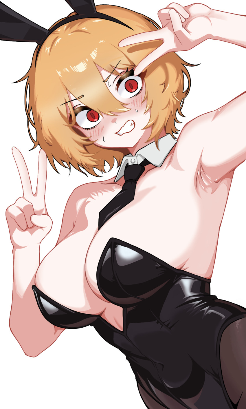 1girl, animal ear hairband, animal ears, arm up, armpits, bare arms, bare shoulders, bejiteowasatangkiseu, black hairband, black leotard, black necktie, blush, breasts, brown hair, brown pantyhose, bunny ears, bunnysuit, clenched teeth, collarbone, commentary request, detached collar, don quixote (limbus company), double v, fake animal ears, hair between eyes, hairband, hand up, highres, korean commentary, large breasts, leotard, limbus company, long bangs, looking at viewer, necktie, nose blush, pantyhose, parted lips, playboy bunny, project moon, rabbit ear hairband, rabbit ears, red eyes, sancho (limbus company), short hair, simple background, solo, strapless, strapless leotard, sweat, teeth, upper body, v, v-shaped eyebrows, variant set, white background, wide-eyed