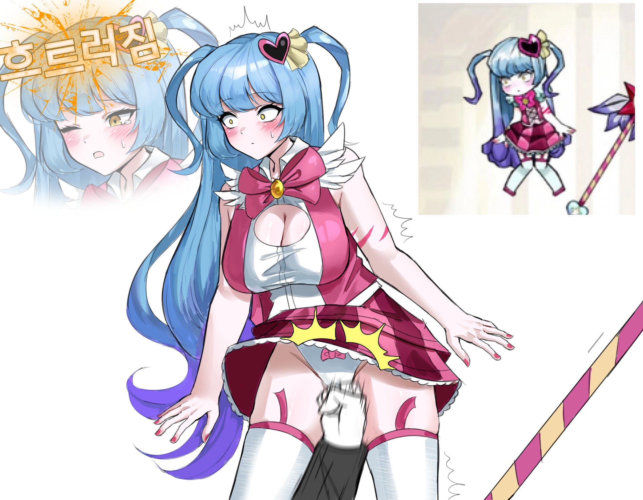 blush, cuntbust, cuntbusting, godssary, groin attack, groin punch, library of ruina, limbus company, lobotomy corporation, magical girl, panchira, panties, project moon, queen of hatred, ryona, skirt, skirt lift, tears, white panties, white stockings