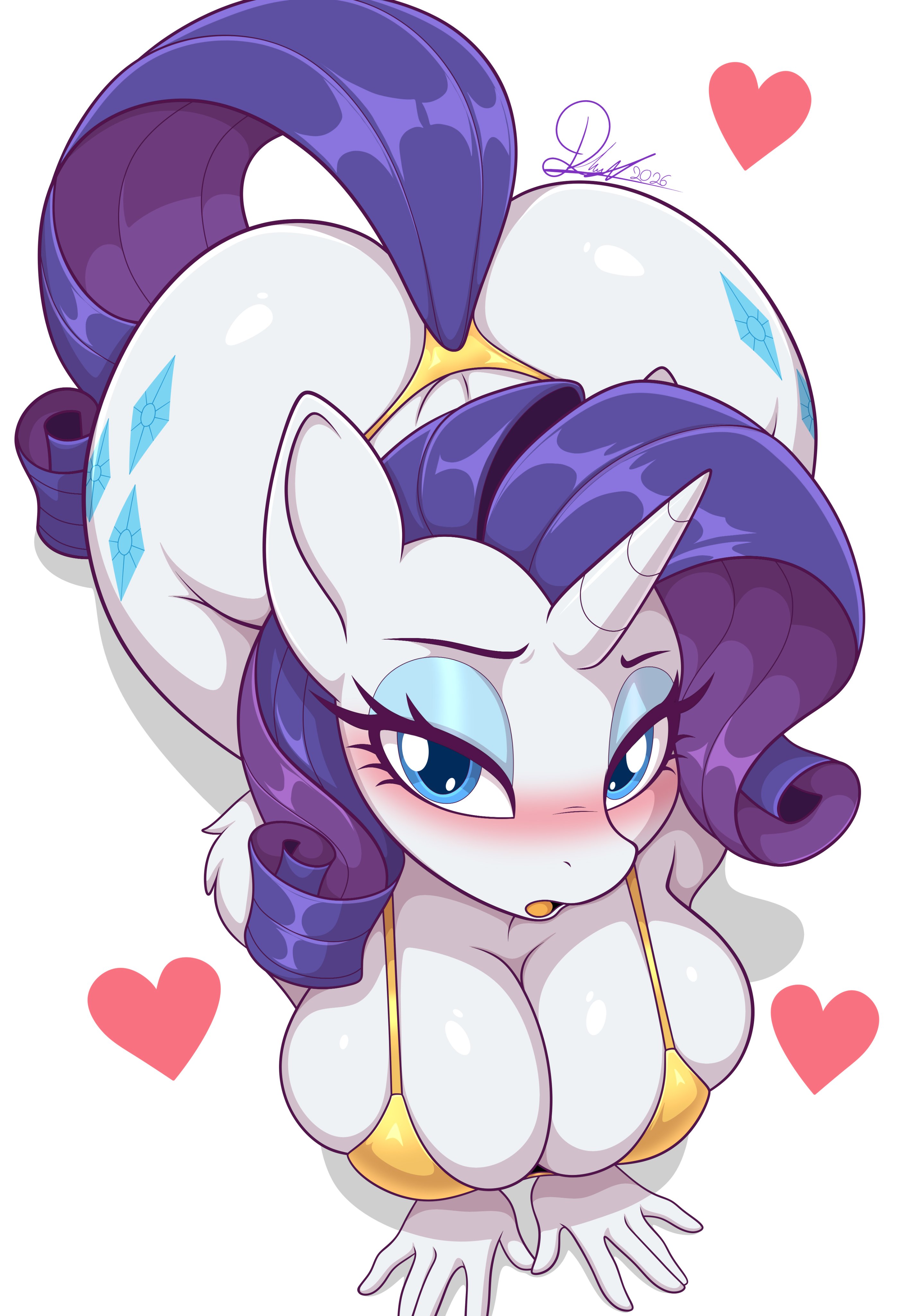 1girls, 2026, 2d, 2d (artwork), 2d artwork, anthro, ass, bra, bra and panties, breasts, bubble ass, bubble butt, busty, busty female, cleavage, curvaceous, curvaceous female, curvaceous figure, curvy, curvy body, curvy female, curvy figure, curvy hips, diamondheart21, equid, equine, eyelashes, fat ass, female, female focus, female only, friendship is magic, fur, hasbro, hearts around head, horn, horse, horse girl, looking at viewer, mammal, my little pony, mythological creature, mythological equine, mythology, on all fours, panties, pony, pony girl, purple hair, purple-haired female, rarity (mlp), smile, solo, solo female, solo focus, thick, thick ass, thick hips, thick legs, thick thighs, unicorn, unicorn horn, very long hair, voluptuous, voluptuous female, white body, white fur, white skin