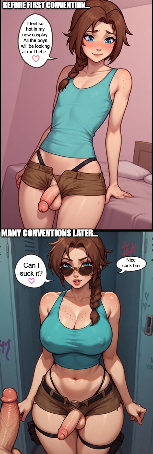ai generated, big breasts, crossdressing, crossplay, dialogue, erect penis, erection, femboy, feminization, flat chest, freckles, freckles on breasts, freckles on face, freckles on shoulders, futanari, futanarization, hormone breasts, lara croft, lara croft (cosplay), sissification, sissy, skinny, skinny male, speech bubble, text, text bubble, thick thighs, tomb raider, wide hips