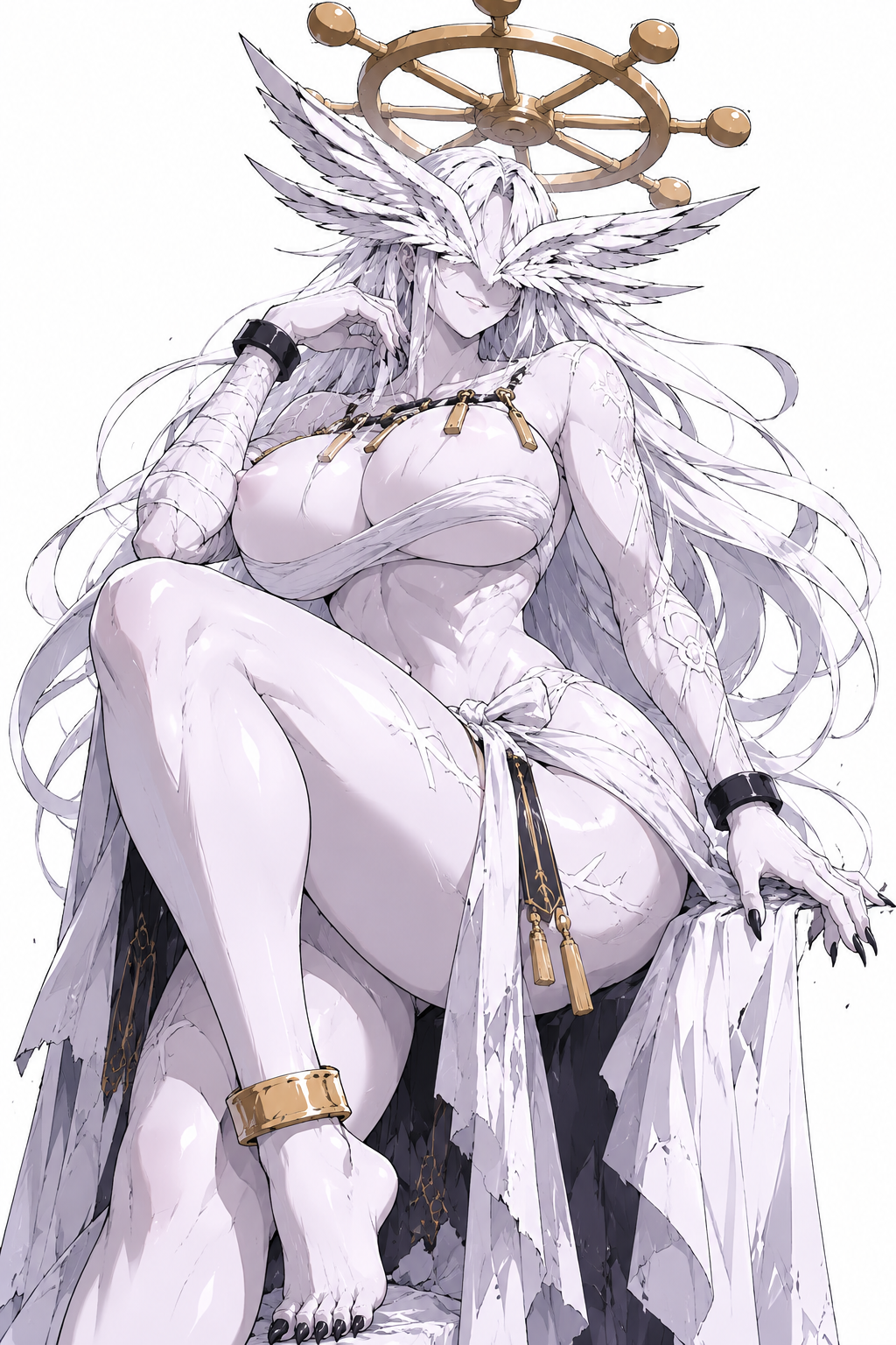 1female, ai generated, anime, anime style, ass, athletic female, bangles, black claws, black nails, black wristband, black wristbands, boobs, breasts bigger than head, butt, chest wraps, cleavage, cloth wrapping, confident smile, genderswap, gold anklet, gold jewelry, halo, head wings, jujutsu kaisen, large ass, large breasts, loincloth, long hair, looking at viewer, low angle, low angle view, mahoraga (jujutsu kaisen), monster, monster girl, muscular female, pale skin, pale-skinned female, rule 63, sitting, smirk, solo, tattered clothing, thick thighs, thighs bigger than head, toned abs, toned female, viewed from below, white background, white body, white hair, white skin, winged humanoid