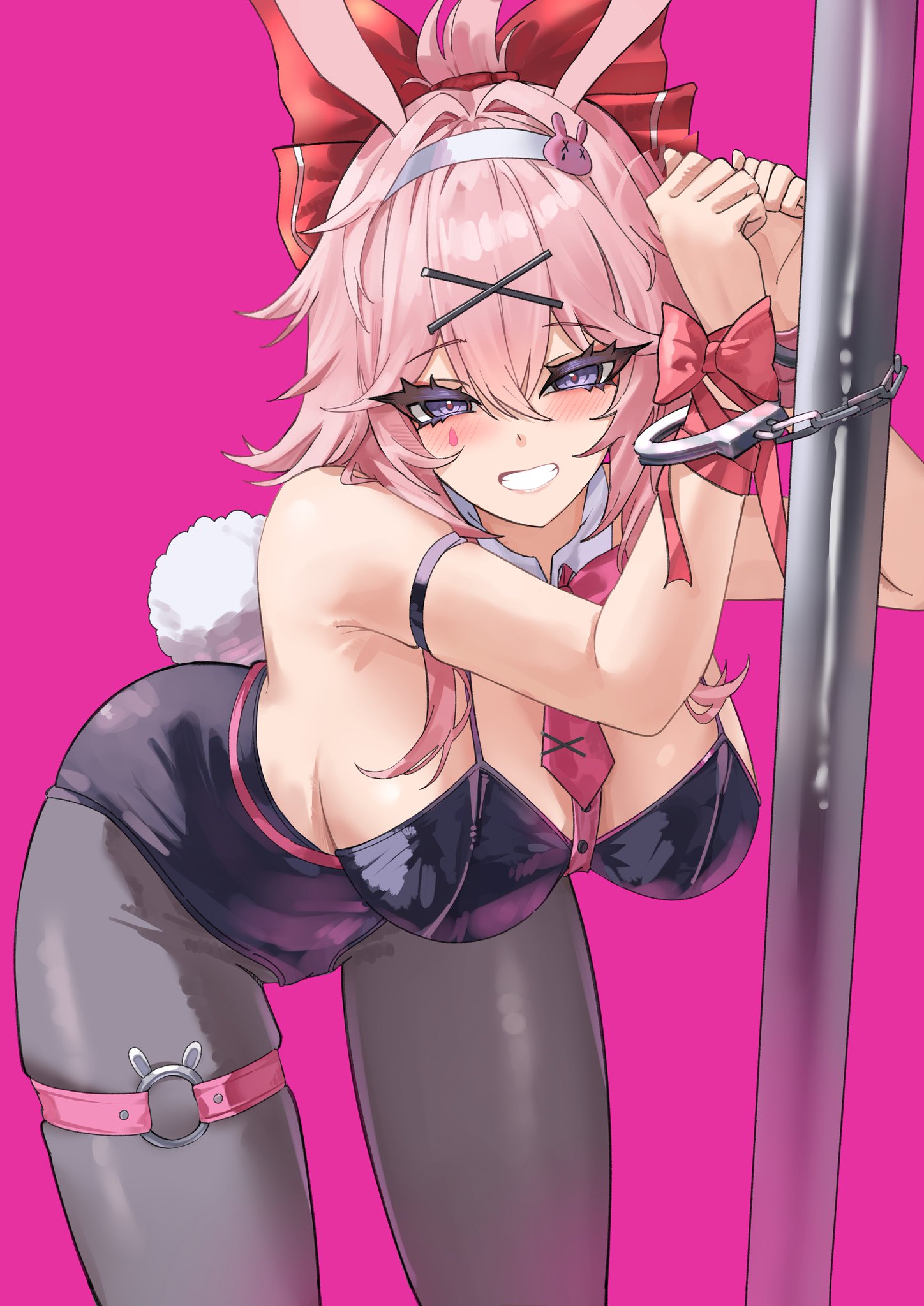 1girls, animal ears, black bunnysuit, bondage, breasts, bunnysuit, chained, chained wrists, evanescia (honkai: star rail), female, fox ears, handcuffed, handcuffed to pole, handcuffs, honkai (series), honkai: star rail, hoyoverse, long hair, mihoyo, pink hair, purple eyes