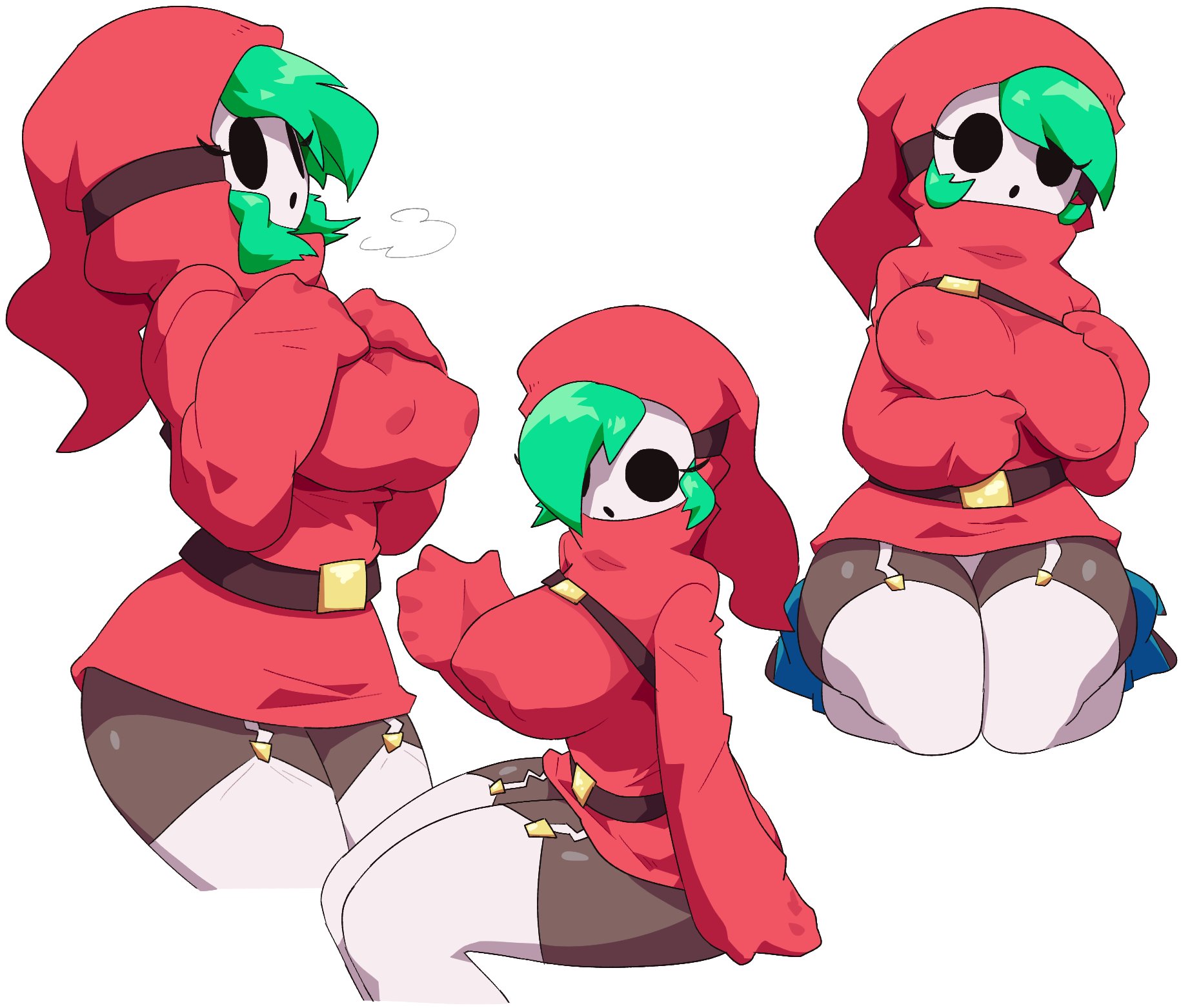 1girls, 2d, breasts, clothing, covered erect nipples, dark skin, dark-skinned female, female, female focus, female only, green hair, hair over one eye, large breasts, mario (series), mask, masked, masked female, panties, short hair, shy gal, shy gal red, shy guy, solo, sub-neamo, tagme, thighhighs, white legwear, white panties