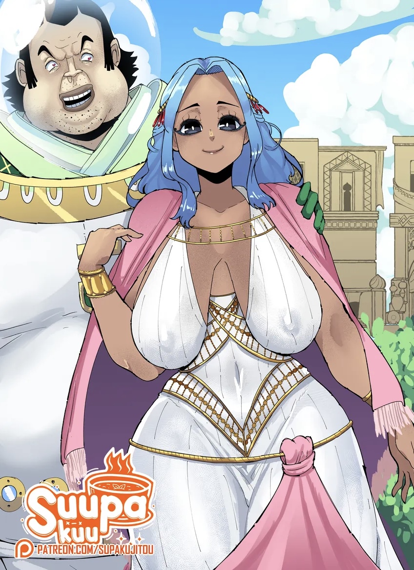 big breasts, blue hair, celestial dragon, dark-skinned female, fat male, female, heart-shaped pupils, male, nefertari vivi, nipples, nipples visible through clothing, one piece, pervert female, pervert male, sagging breasts, saint charlos, see-through, see-through clothing, smile, supakujitou, suupakuu, ugly bastard, white dress