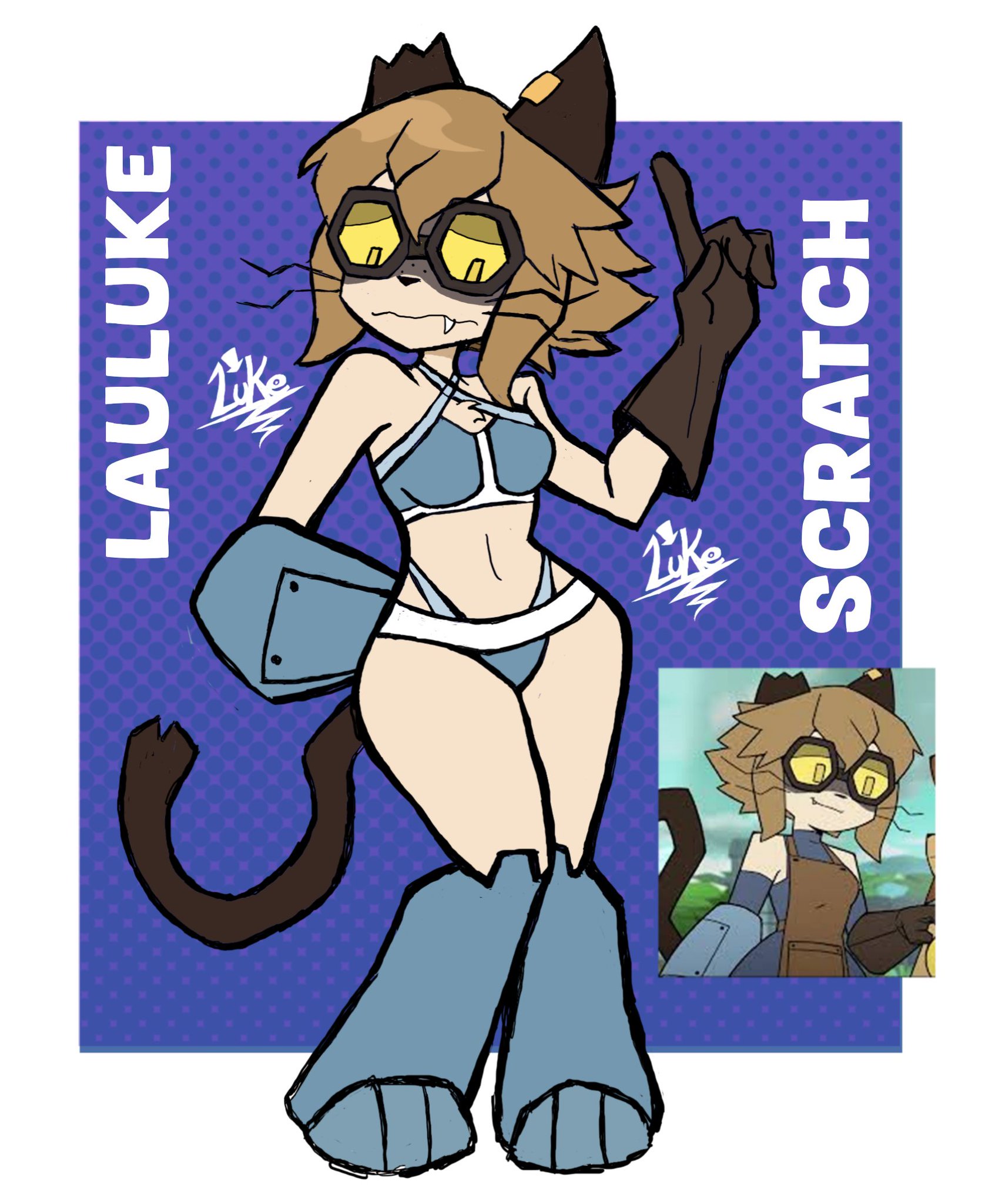 1girls, anthro, artist name, belly button, bikini, bikini bottom, bikini top, bob cut, breasts, brown hair, cat ears, cat tail, catgirl, cyborg, female, female focus, female only, fur, gameoverse, glitch productions, glove, goggles, lauluke, navel, nervous, nervous expression, nervous face, nervous female, robotic arm, scratch (gameoverse), solo, swimsuit, thighs, tummy, two-piece swimsuit