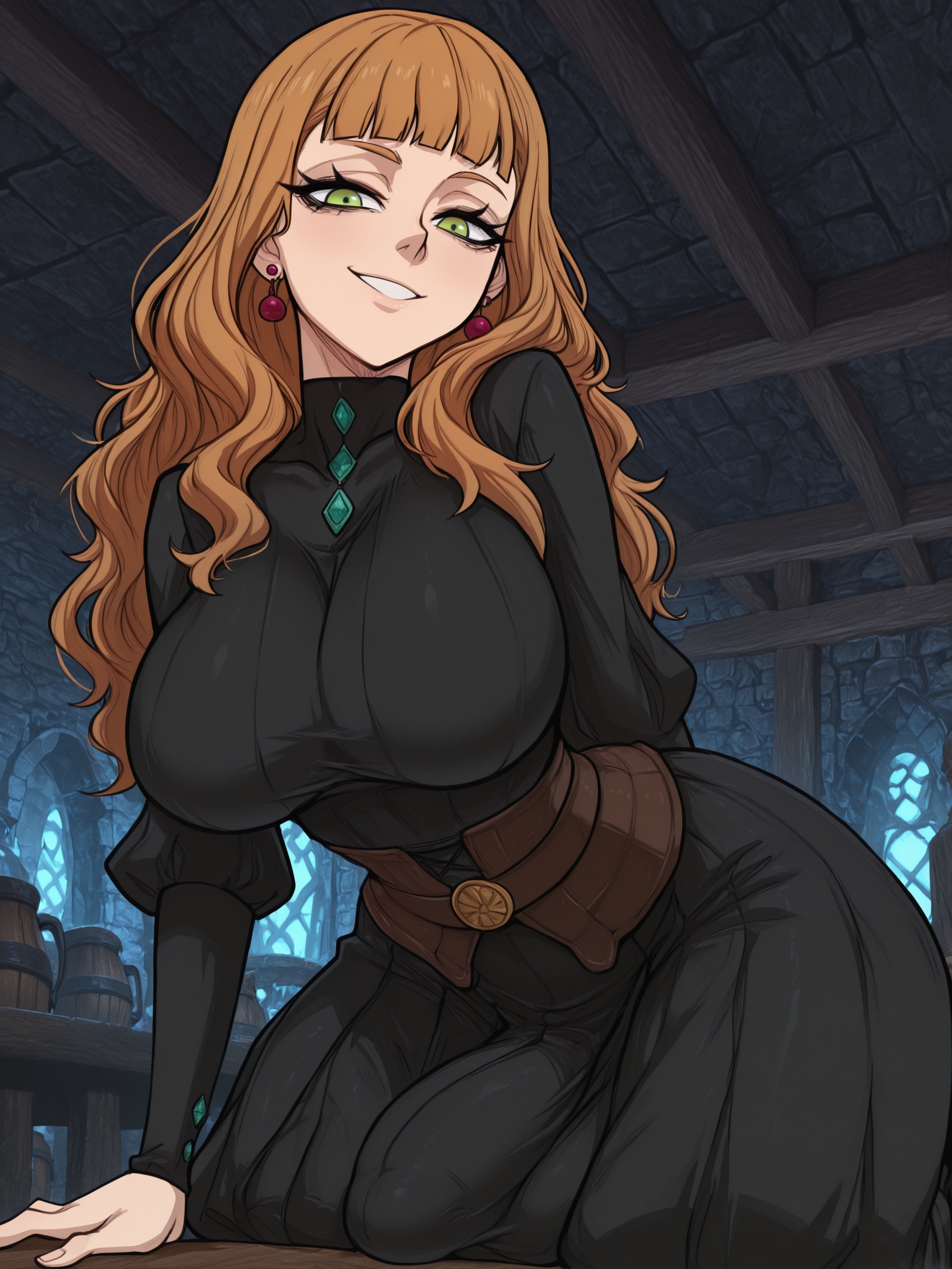 1futa, 1futanari, ai generated, ass, bangs, big ass, big breasts, big butt, big hips, big penis, black clover, black dress, breasts, bulge, bulge through clothing, cleavage, clothed, clothing, dick, dickgirl, dress, ear piercing, earrings, eyebrows, eyelashes, futa only, futanari, green eyes, grin, grinning, grinning at viewer, hair, huge cock, indoors, jewelry, lips, long hair, looking at viewer, makeup, mimosa vermillion, naked, narrow waist, narrowed eyes, nose, nude, orange hair, penis, red hair, smooth balls, smooth penis, smooth skin, solo, solo dickgirl, solo focus, solo futa, solo futanari, testicles, velfur (artist), wavy hair, wizard