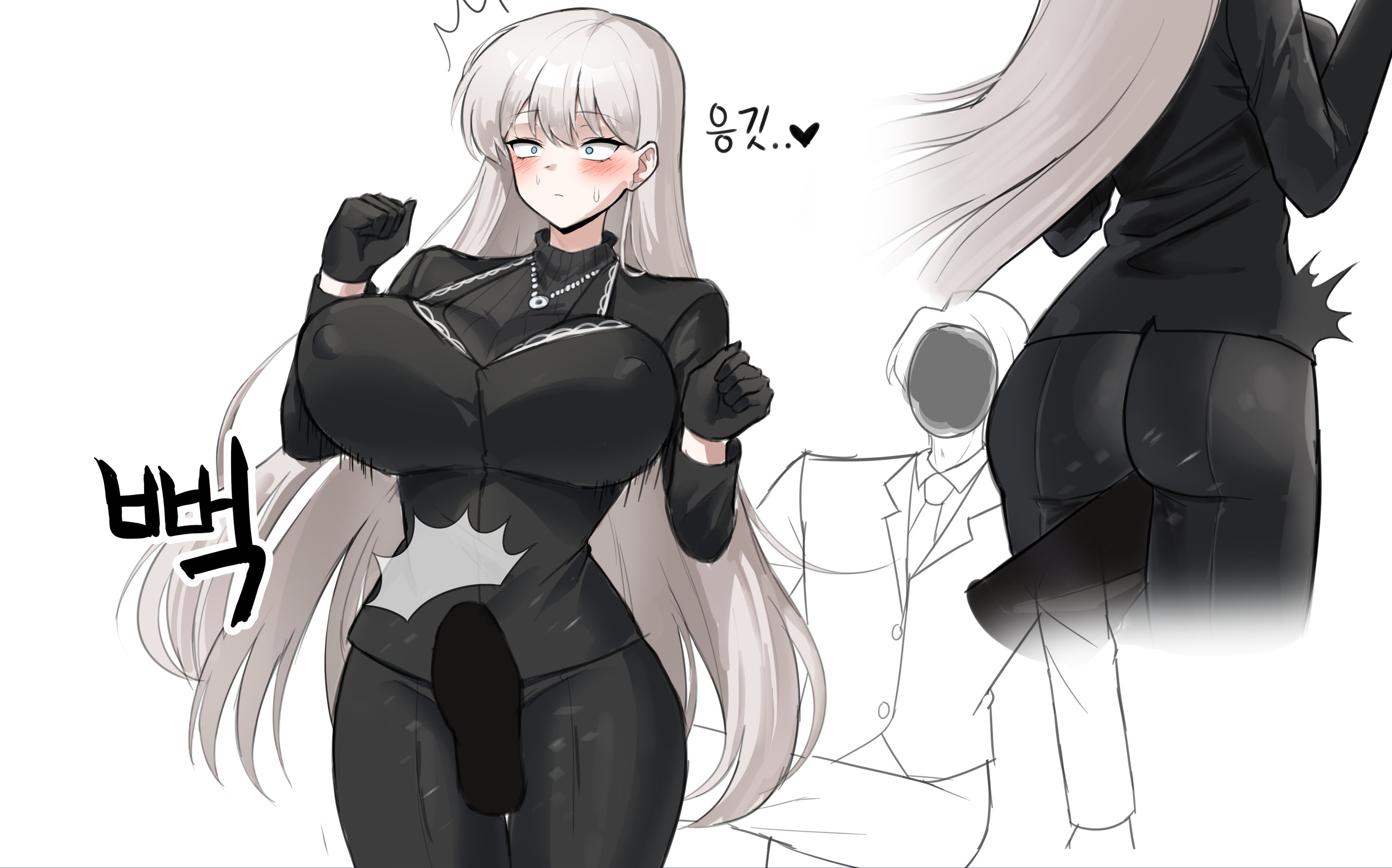 1girl1boy, angelica (library of ruina), ass, big ass, big breasts, black gloves, blush, cuntbust, cuntbusting, erect nipples, godssary, groin attack, groin kick, library of ruina, project moon, roland (library of ruina), ryona, silver hair