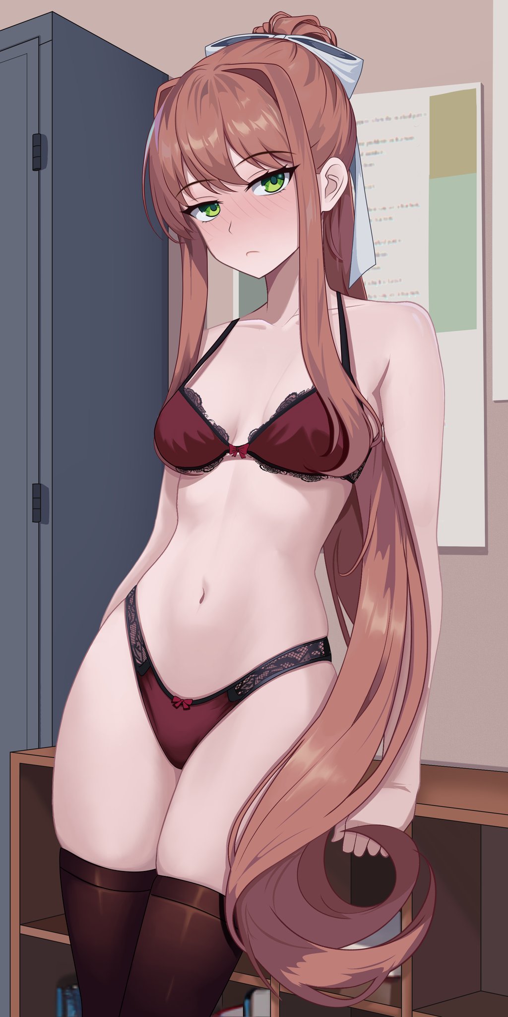 1girls, areolae, black legwear, black thighhighs, blush, blush lines, bra, breasts, brown hair, classroom, clothing, doki doki literature club, female, female only, indoors, legs together, long hair, matching underwear, monika (doki doki literature club), panties, red bra, red panties, solo, solo female, thighhighs, underwear, underwear only, white bow, xnovartx