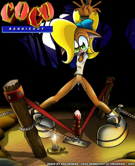 00s 2002 anthro bandicoot blonde_hair bondage bottomless coco_bandicoot color crash_(series) dildo dripping dubious_consent female female_only fur furry green_eyes hair imminent_insertion mammal marsupial predicament_bondage pussy_juice san_renard sex_toy shoes standing