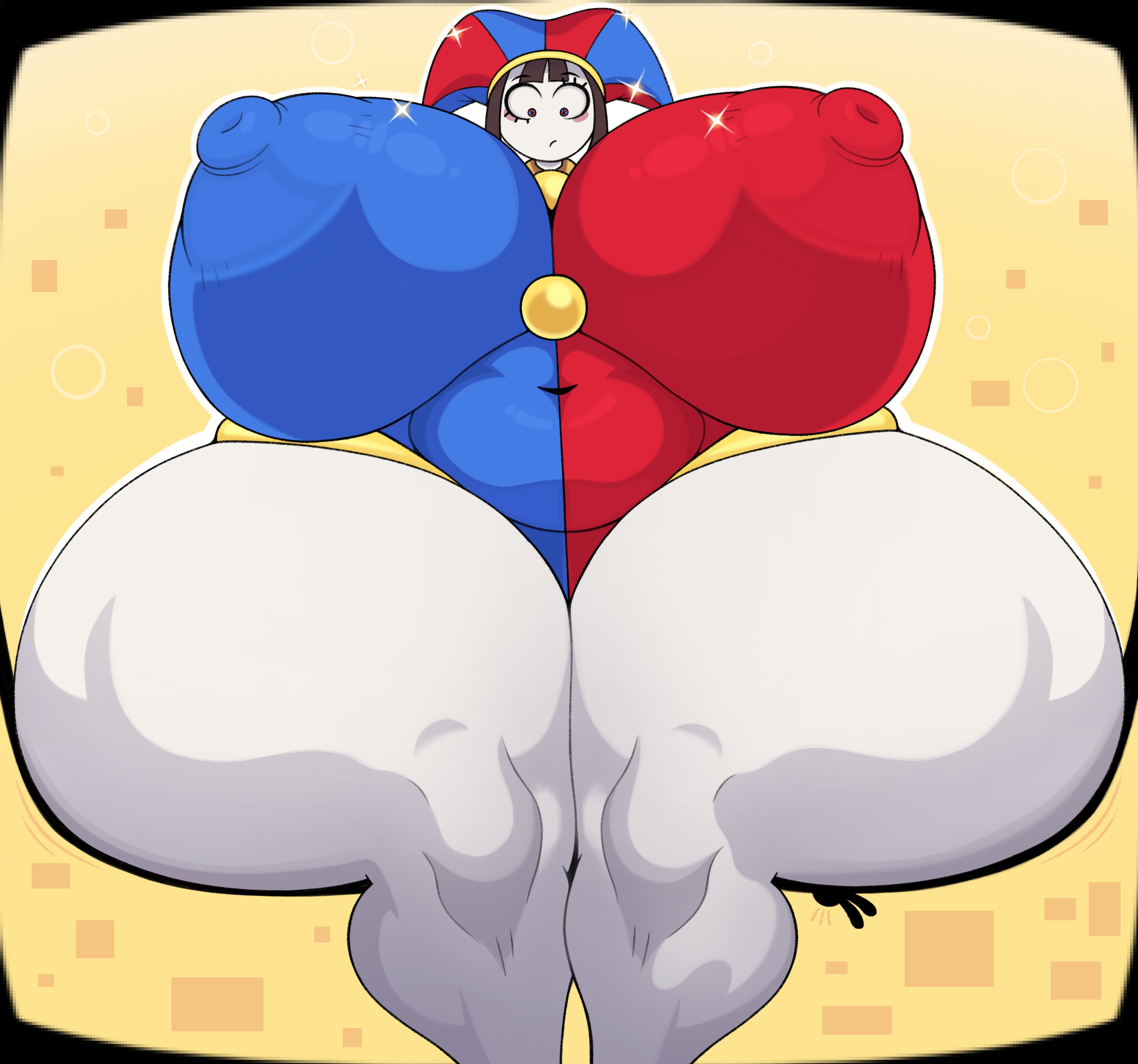 1girls, big breasts, breasts, calves, colonbey, glitch productions, huge breasts, large breasts, nipple bulge, nipples, pomni (the amazing digital circus), solo, the amazing digital circus, thick thighs, thighs, tight clothes, tight clothing, tight fit, wide hips, yellow background