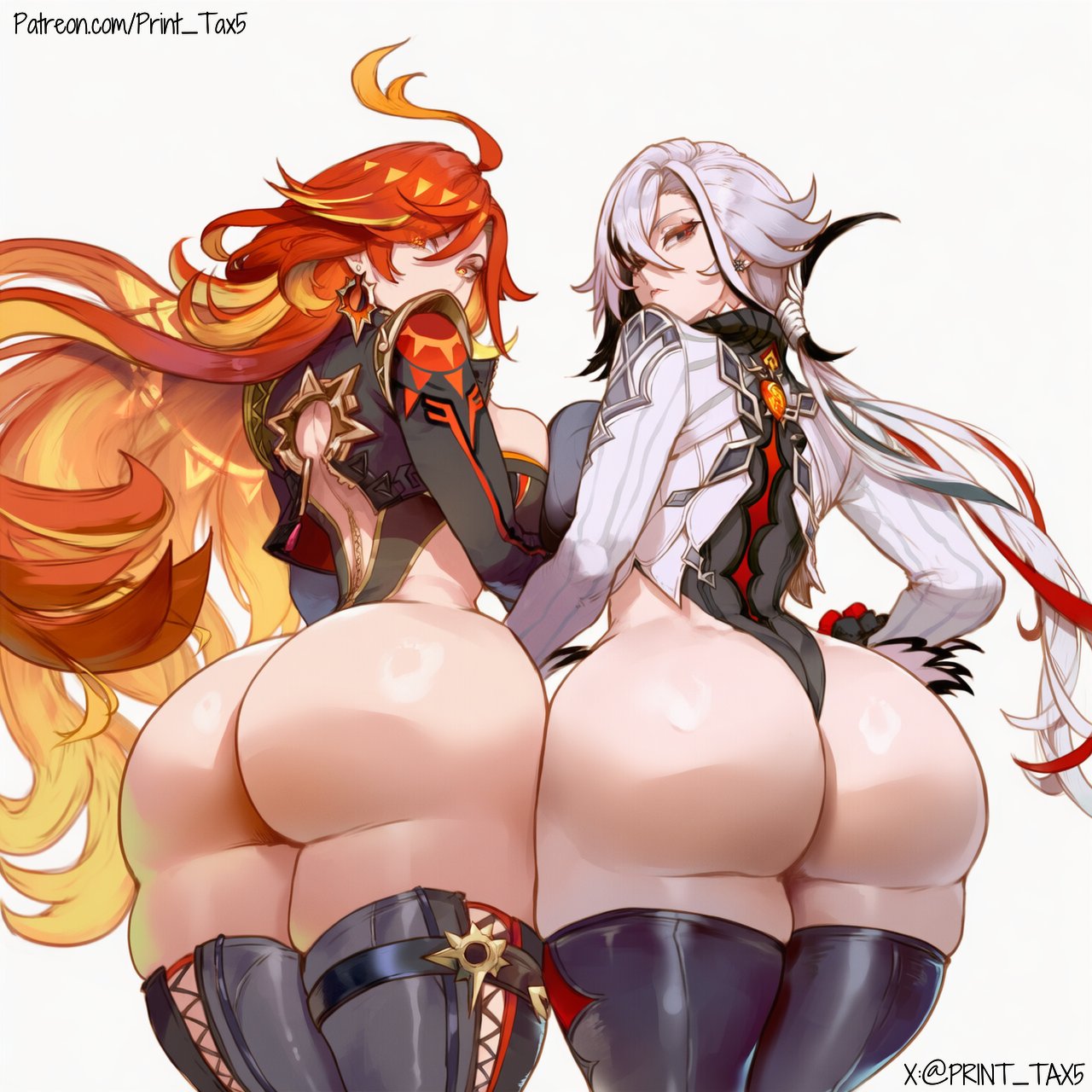 2girls ai_generated arlecchino_(genshin_impact) ass ass_focus big_ass big_breasts big_butt big_hips breasts caked_up cheesecake duo female female_only genshin_impact hi_res highres hips hoyoverse huge_ass huge_breasts huge_butt huge_hips huge_thighs large_ass large_breasts leotard light-skinned_female light_skin looking_back mavuika_(genshin_impact) mihoyo multiple_girls patreon_url patreon_username print_tax5 text thick_thighs thighhighs thighs waist wide_hips