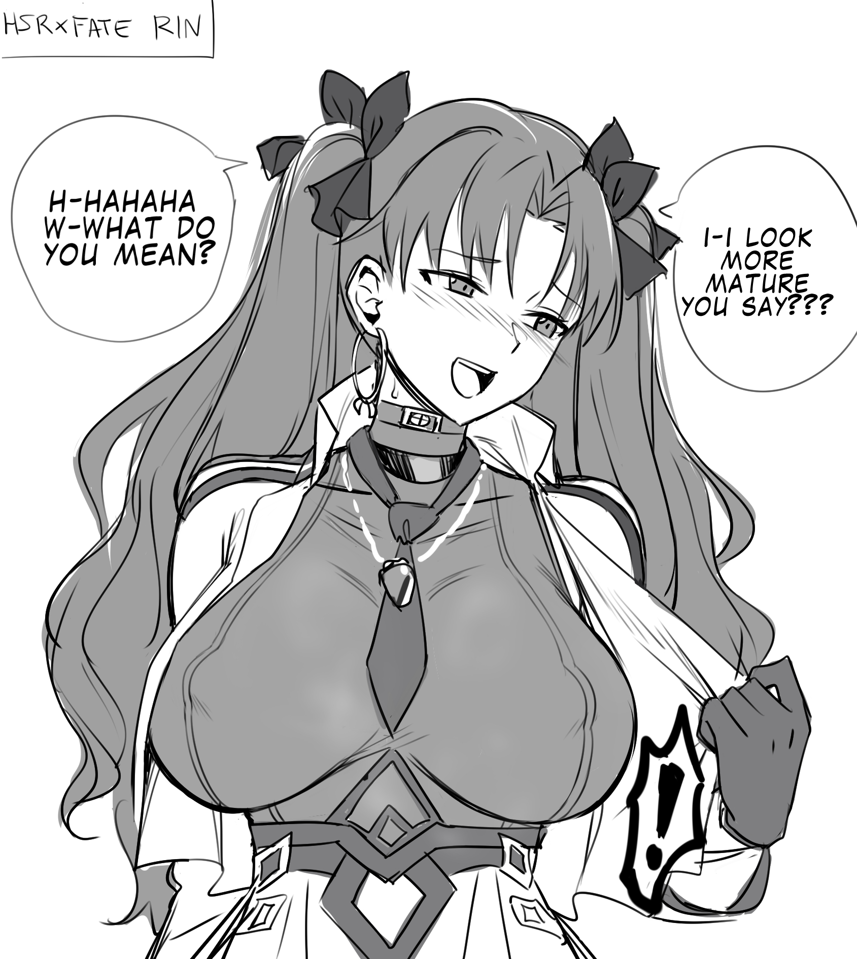 1girl, absurdres, alternate breast size, big breasts, black hair, blush, breasts, covered erect nipples, das (dan dan), earrings, erect nipples, fate (series), fate/stay night, female, female focus, female only, gloves, greyscale, hair ribbon, highres, honkai (series), honkai: star rail, hoop earrings, huge breasts, jacket, jewelry, large breasts, long hair, long sleeves, massive breasts, monochrome, mouth open, necktie, nipple bulge, nipples, open mouth, parted bangs, ribbon, rin's pendant (fate), skirt, smile, solo, speech bubble, talking to viewer, tohsaka rin, tohsaka rin (honkai: star rail), twintails, two side up