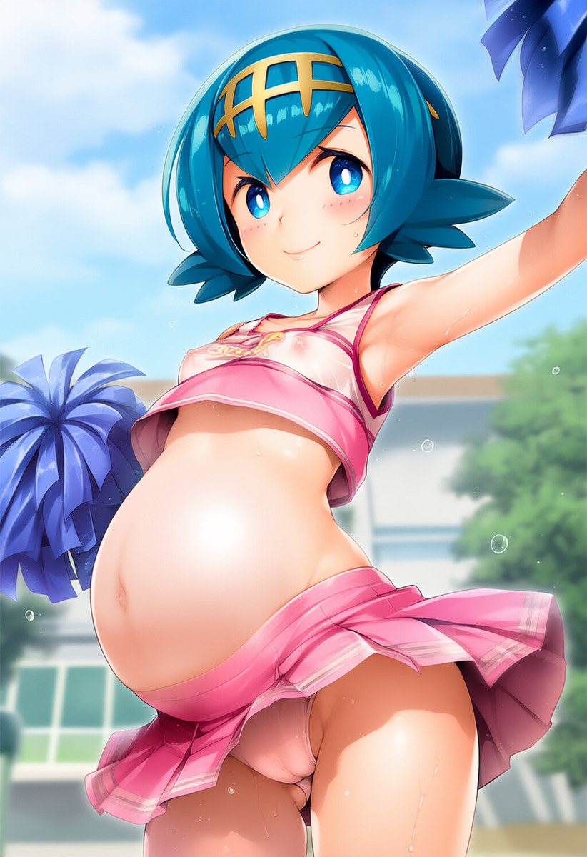 aged up, artist request, blush, blushing, blushing female, cheerleader, cheerleader outfit, cheerleader uniform, lana (pokemon), large nipples, miniskirt, outie navel, pokemon, pokemon sm, popped navel, pregnant, pregnant belly, pregnant female, puffy areola, skirt, small breasts, solo, solo female, solo focus, super belly, tongue, tongue out, trial captain, trial captain lana