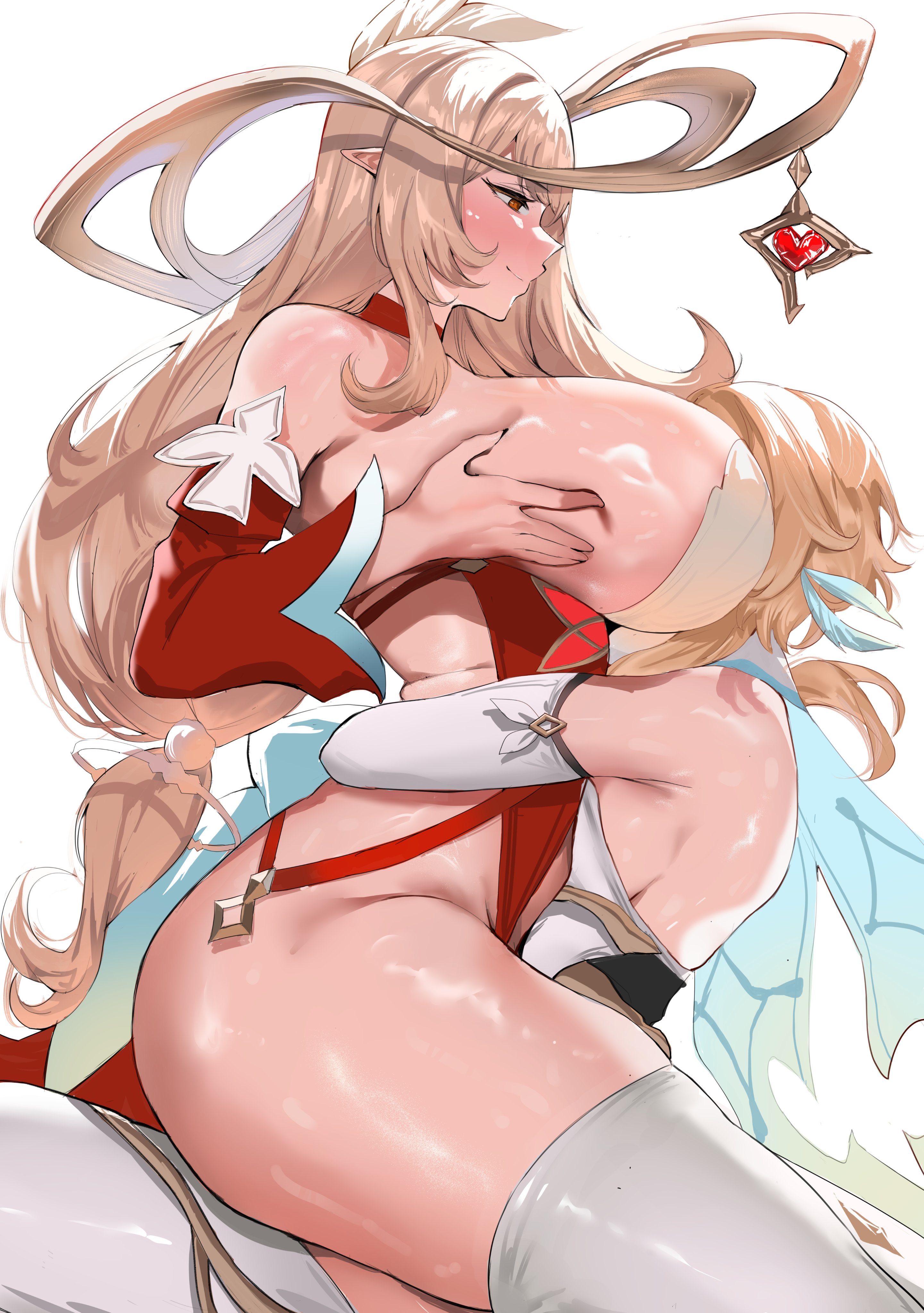 2girls, absurdres, alice (genshin impact), ass, bare shoulders, between breasts, blonde hair, blush, breast smother, breasts, cowlick, detached sleeves, dress, face in breasts, female, female only, female/female, genshin impact, gloves, gold halo, hair ornament, hat, head between breasts, highres, hoyoverse, hug, huge breasts, large breasts, lesbian focus, long hair, lumine (genshin impact), mihoyo, milf, multiple girls, pointy ears, red dress, red eyes, red sleeves, shiben (ugvu5784), shibenc16e4, short hair with long locks, simple background, sitting, sitting on lap, sitting on person, smile, smothering, smothering breast, straddling, thick thighs, upright straddle, white background, white dress, witch hat, yuri