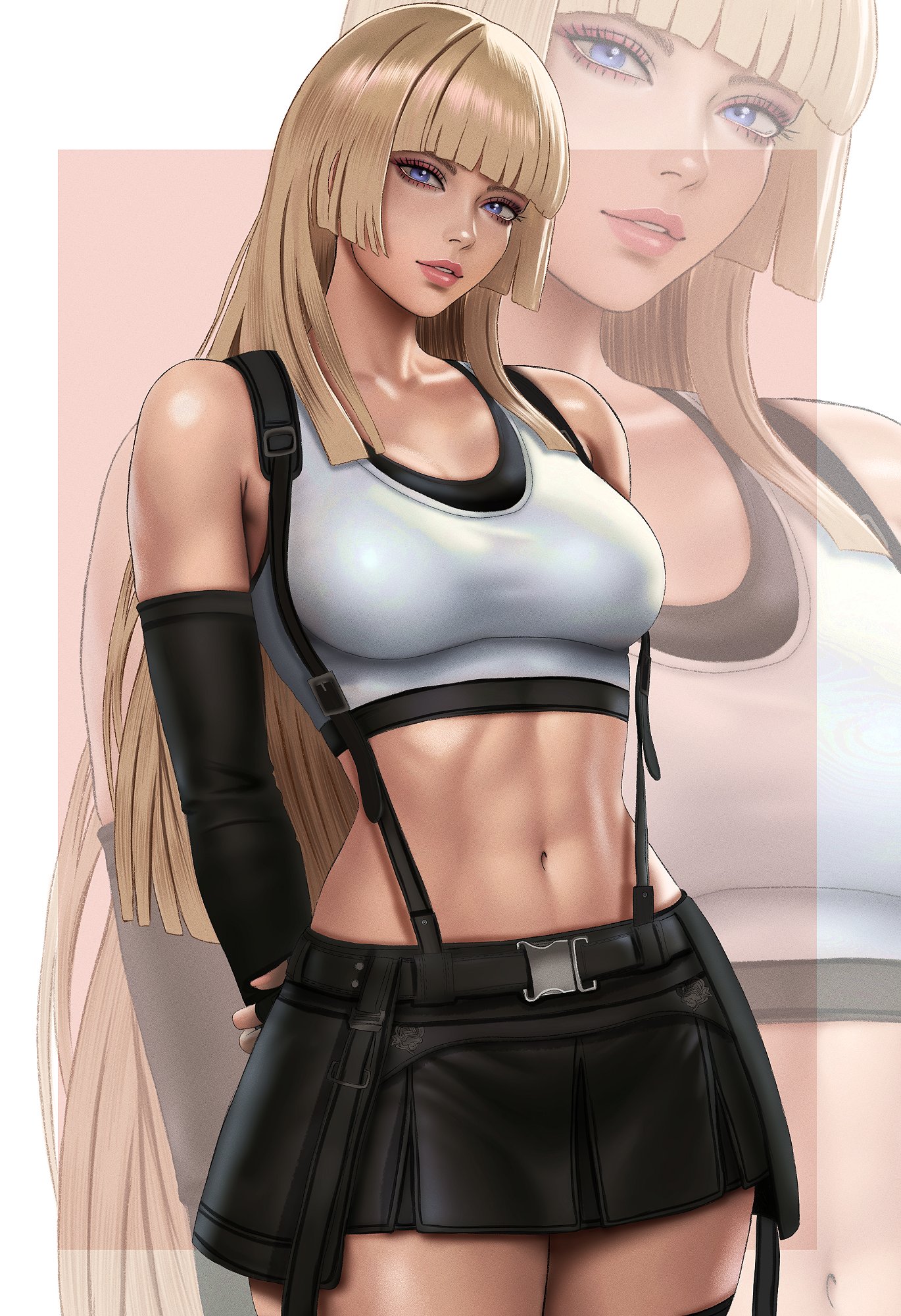1girl, abs, absurd res, absurd resolution, absurdres, bandai namco, bare shoulders, beautiful woman, belted skirt, beltskirt, black skirt, blonde hair, blue eyes, blunt bangs, breasts, cosplay, crop top, disinterested, elbow gloves, emilie de rochefort, emotionless, emotionless female, fighting game, final fantasy, final fantasy vii, final fantasy vii remake, fingerless gloves, gloves, high quality, high resolution, highres, hime cut, kittymiya, large breasts, lili (tekken), long hair, looking at viewer, mature woman, midriff, miniskirt, namco, namco bandai, navel, pleated miniskirt, pleated skirt, skirt, smile, solo, suspender skirt, suspenders, tank top, tekken, tekken 8, tifa lockhart, tifa lockhart (cosplay), twitter, uncaring, uncaring female, uninterested, uninterested female, video game character, video game franchise, video games