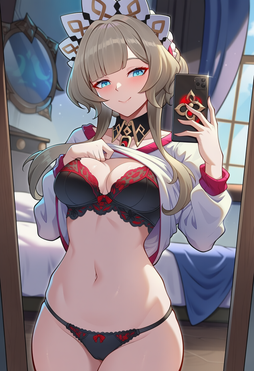 1girls, 2026, ai generated, alternate costume, bed, bedroom, belly button, big thighs, black bra, black panties, blue eyes, blushing, day, exposed breasts, exposed legs, exposed midriff, female, female focus, female only, genshin impact, holding phone, hoyoverse, looking at viewer, lunealter, mature female, medium breasts, medium hair, midriff, mihoyo, mirror, pale skin, pale-skinned female, partially clothed, phone, sandrone (genshin impact), sfw, shirt up, showing breasts, smile, standing, taking picture, thick hips, thick legs, thick thighs, uncensored