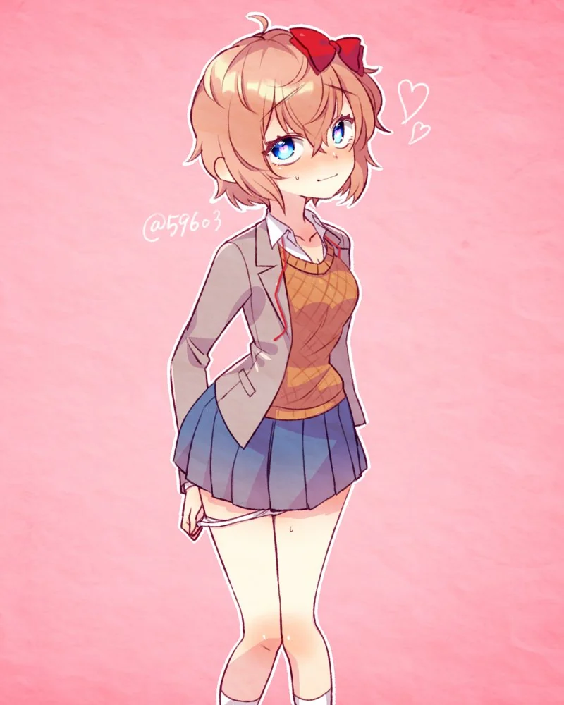 1girls, 596o3, aroused, artist name, blue eyes, blue skirt, blush, bow, breasts, cleavage, clothes, clothing, doki doki literature club, female, hairbow, heart, just sayori, knees together feet apart, panties, panties pull, pulling panties, red bow, red hair bow, red hairbow, sayori (doki doki literature club), sex now, skirt, smile, smiling, socks, strawberry blonde hair, twitter username, white panties