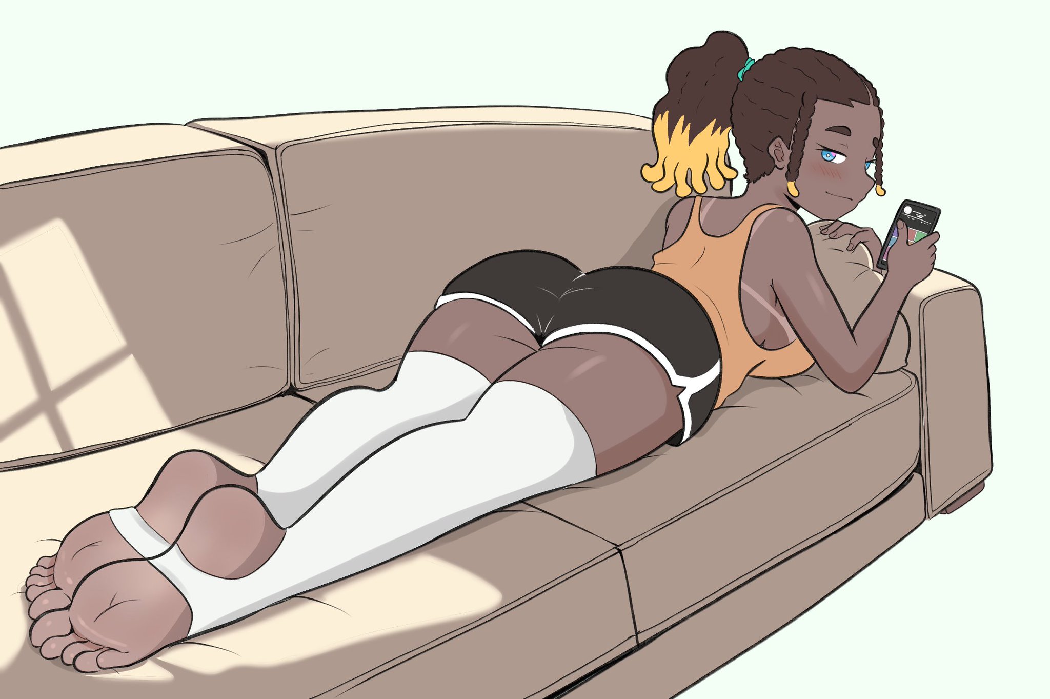 1girls, 2026, ass, beautiful, big ass, blue eyes, brown hair, feet, feet together, female, female only, foot fetish, high resolution, highres, holding phone, laying on sofa, laying on stomach, looking back, oc, original character, perfect body, perfect legs, phone, ponytail, sfw, smiling at viewer, smug face, sofa, soles, stirrup legwear, stirrup thighhighs, tan skin, tank top, taterdouce, thick thighs, window light, yellow hair