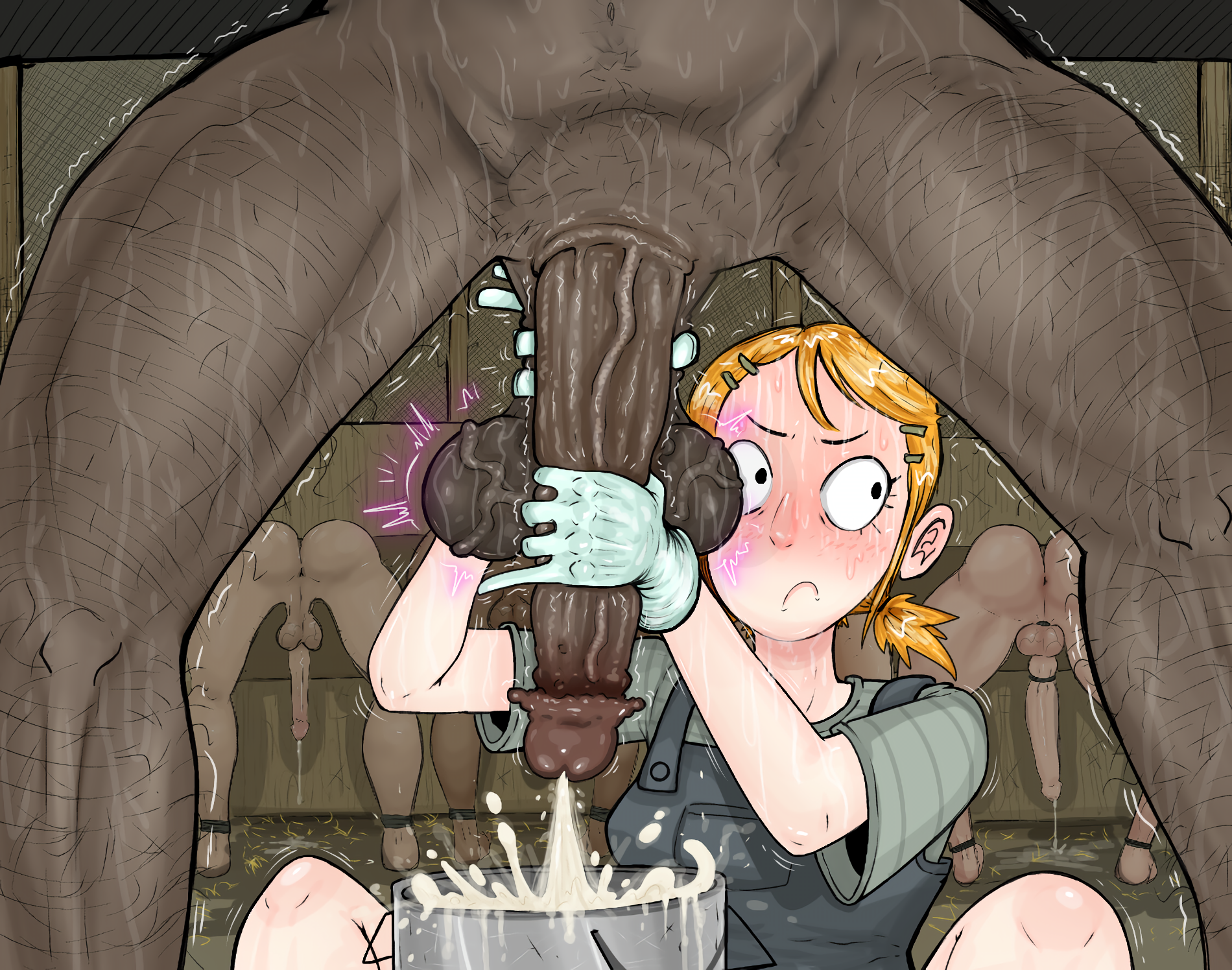 1girl, background, big balls, big penis, big testicles, circumcised, cum, cum drip, cumshot, denim, denim clothing, farm, farmer, farmgirl, female handjob, gloved handjob, gloves, hairy male, hand on penis, handjob, lucumano, male ass, milking, milking handjob, nervous, nervous expression, nervous face, nervous female, nervous sweat, nervous sweating, oc, oc character, orange-haired female, original character, overalls, penis, redhead, scrotum, semen, semen drip, semen dripping, size difference, sweat, sweatdrop, sweating, sweaty, sweaty balls, sweaty body, vein, veins, veiny penis
