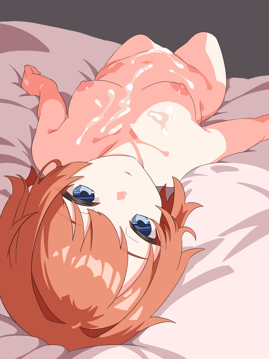 1female, 1girl, after sex, after vaginal, bed, blue eyes, breasts, completely naked, completely naked female, completely nude, completely nude female, coral pink hair, cum, cum all over body, cum everywhere, cum on body, cum over body, ddlc, doki doki literature club, female, fully naked, fully nude, girl, high res, high resolution, just sayori, red bow, sayori (doki doki literature club), simple background, small breasts, small tits, thick thighs, tits, yokoshima akunusu