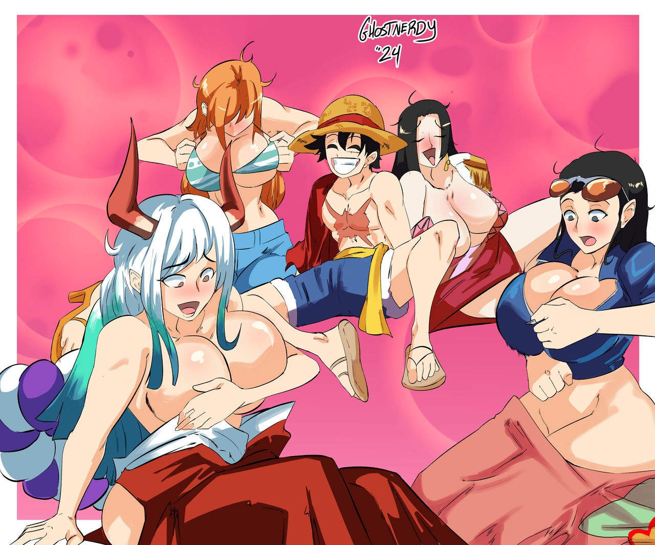 4girls, after sex, ass, big ass, big breasts, bikini top, blush, boa hancock, busty, curvy, curvy body, curvy female, curvy figure, deviantart, female, ghostnerdy, harem, hourglass figure, huge breasts, kimono, luffy, male, mature female, monkey d luffy, multicolored hair, multiple girls, muscular, muscular male, nami (one piece), nico robin, one piece, scar, scar on chest, smile, straw hat, wide hips, yamato (one piece)