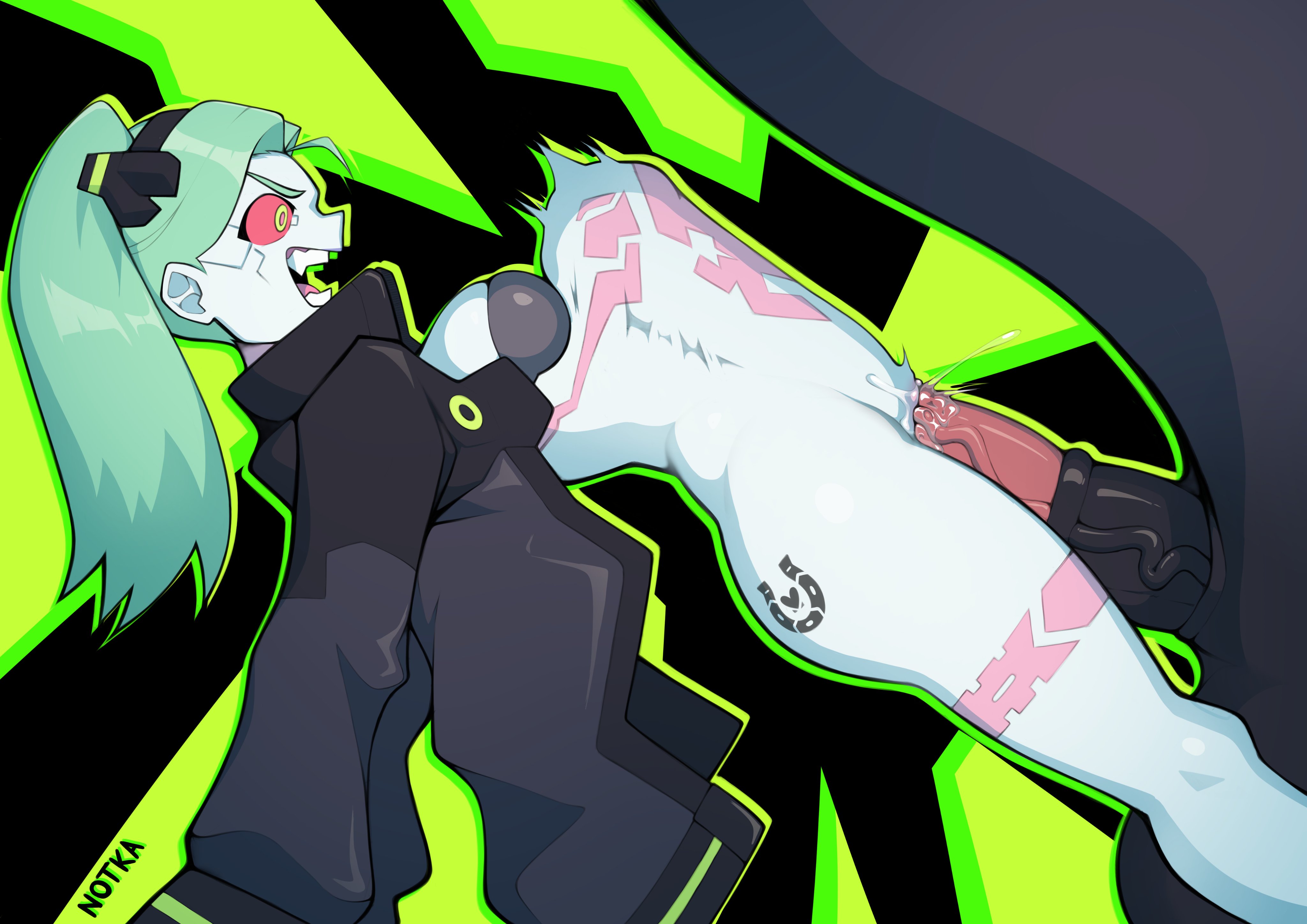 1boy, 1girls, angry, angry sex, animal genitalia, animal penis, balls, big penis, body markings, branding mark, breasts, cybernetics, cyberpunk 2077, cyberpunk: edgerunners, cyborg, deep penetration, female, feral, green eyes, horse, horse penis, horsecock, horseshoe tattoo, huge cock, interspecies, large penis, male, notkadraw, penetration, penis, pussy, rebecca (edgerunners), red sclera, sex, size difference, smaller female, stomach bulge, stomach deformation, tattoo, testicles, twintails, vaginal penetration, vaginal sex, veiny penis, zoophilia