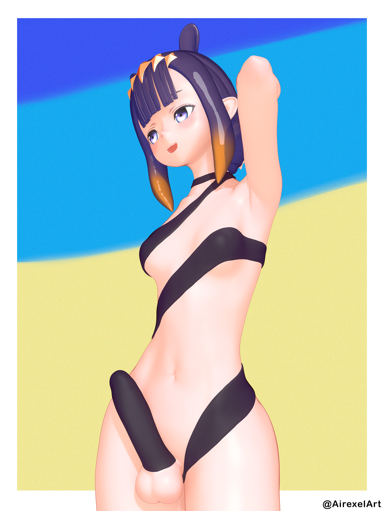 1futa, 3d, airexelart, armpits, arms up, breasts, clothed, clothing, cock sleeve (clothes), futa only, futanari, hololive, hololive english, intersex, light skin, light-skinned futa, mostly nude, ninomae ina'nis, penis, purple hair, revealing clothes, self upload, small breasts, solo, standing, swimsuit, virtual youtuber