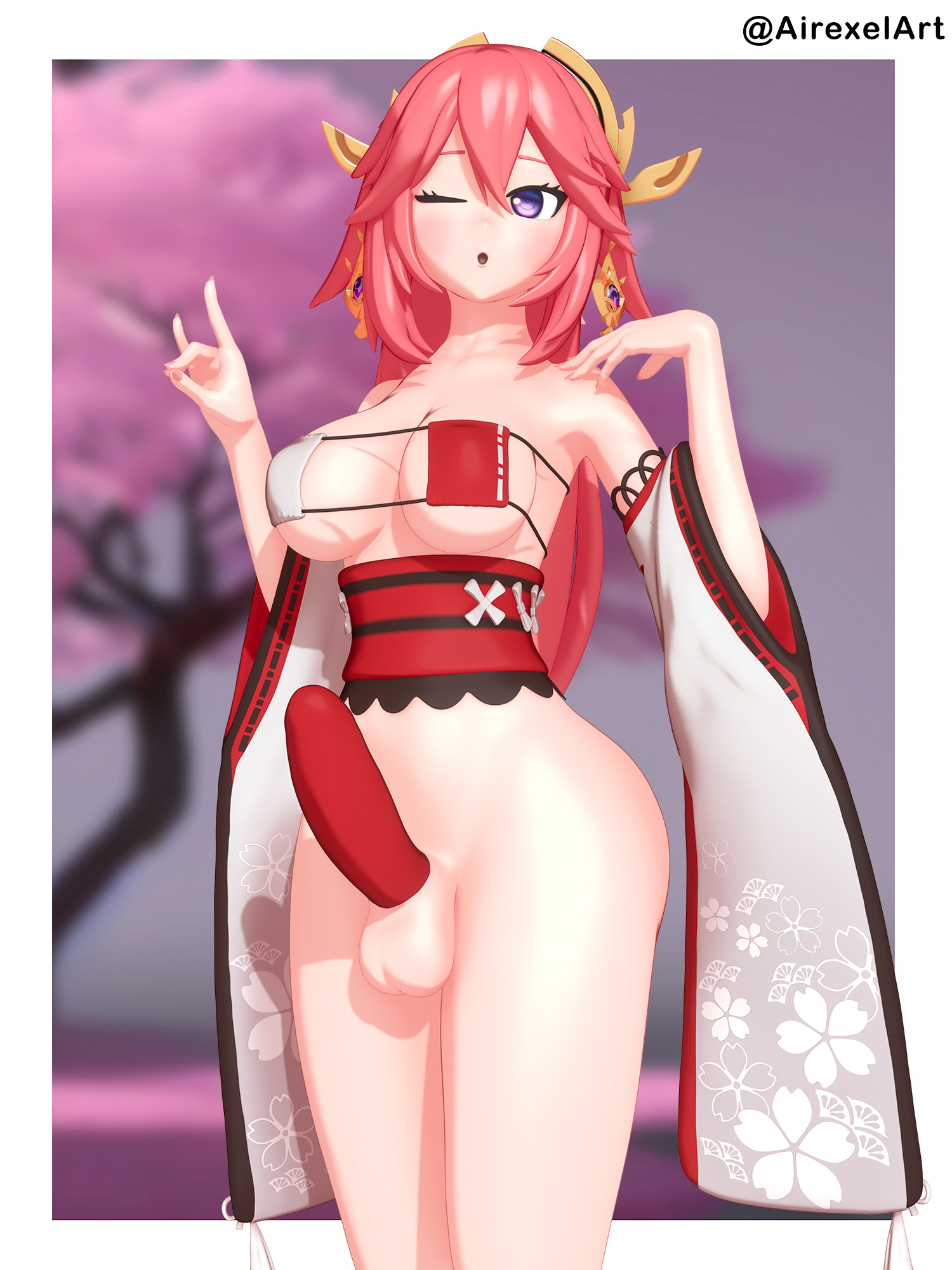 1futa, 3d, airexelart, big breasts, bikini, bra, breasts, clothed, clothing, cock sleeve (clothes), cock sock, eyepatch bikini, fox ears, fox girl, full-package futa, futa only, futanari, genshin impact, intersex, light skin, light-skinned futa, long hair, mostly nude, penis, pink hair, self upload, testicles, wide hips, yae miko