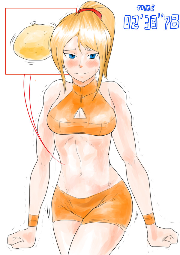 1girls belly_button biku bladder bladder_gauge blonde_hair blue_eyes blush bra_and_panties full_bladder have_to_pee metroid midriff need_to_pee nintendo omorashi samus_aran standing timer