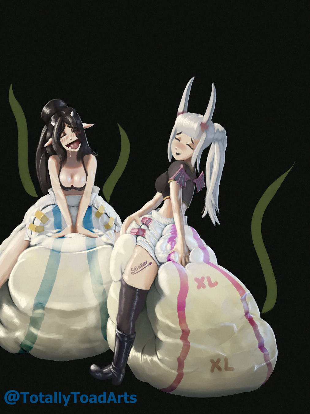 2girls animal_ears black_hair blush closed_eyes demon demon_girl demoness diaper diapered_lovers drooling female horns messy_diaper multiple_girls ponytail scat soiling stink_lines totallytoadarts white_hair