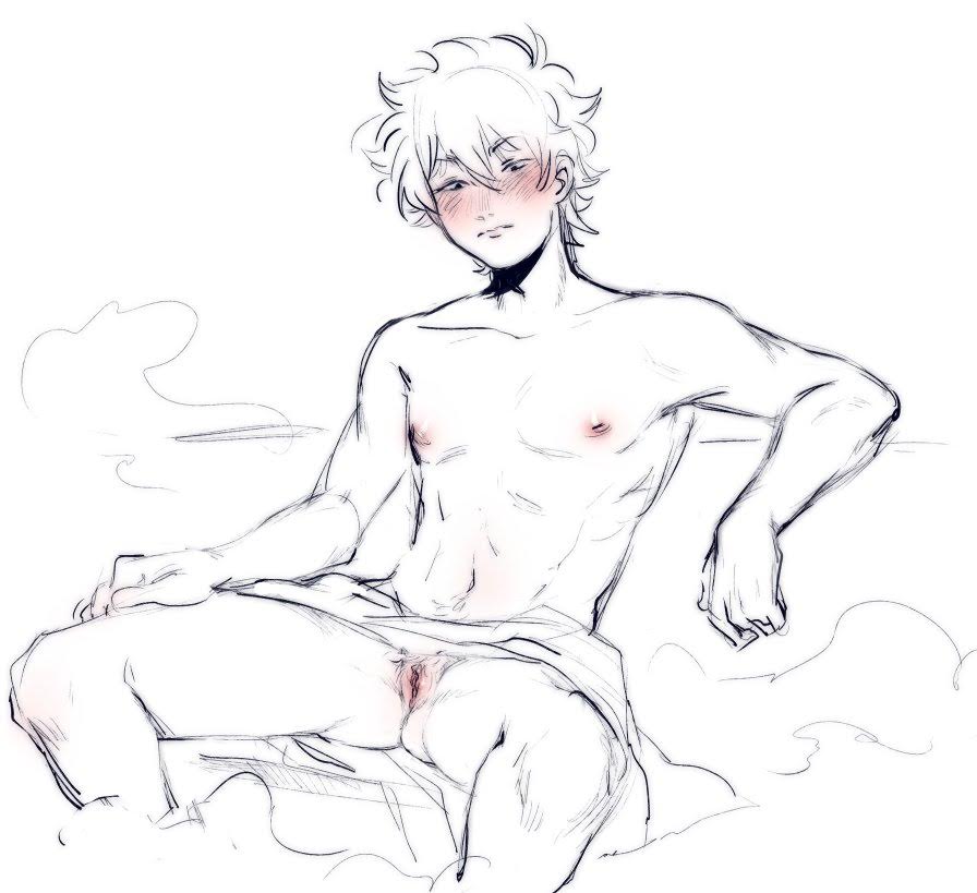 blush, completely nude, cuntboy, cuntboy only, embarrassed, gintama, gintoki sakata, intersex, niichan, nude, partially colored, pussy, sauna, sitting, sketch, solo, spot color, spread legs, steam, toned, toned cuntboy, towel, uncensored