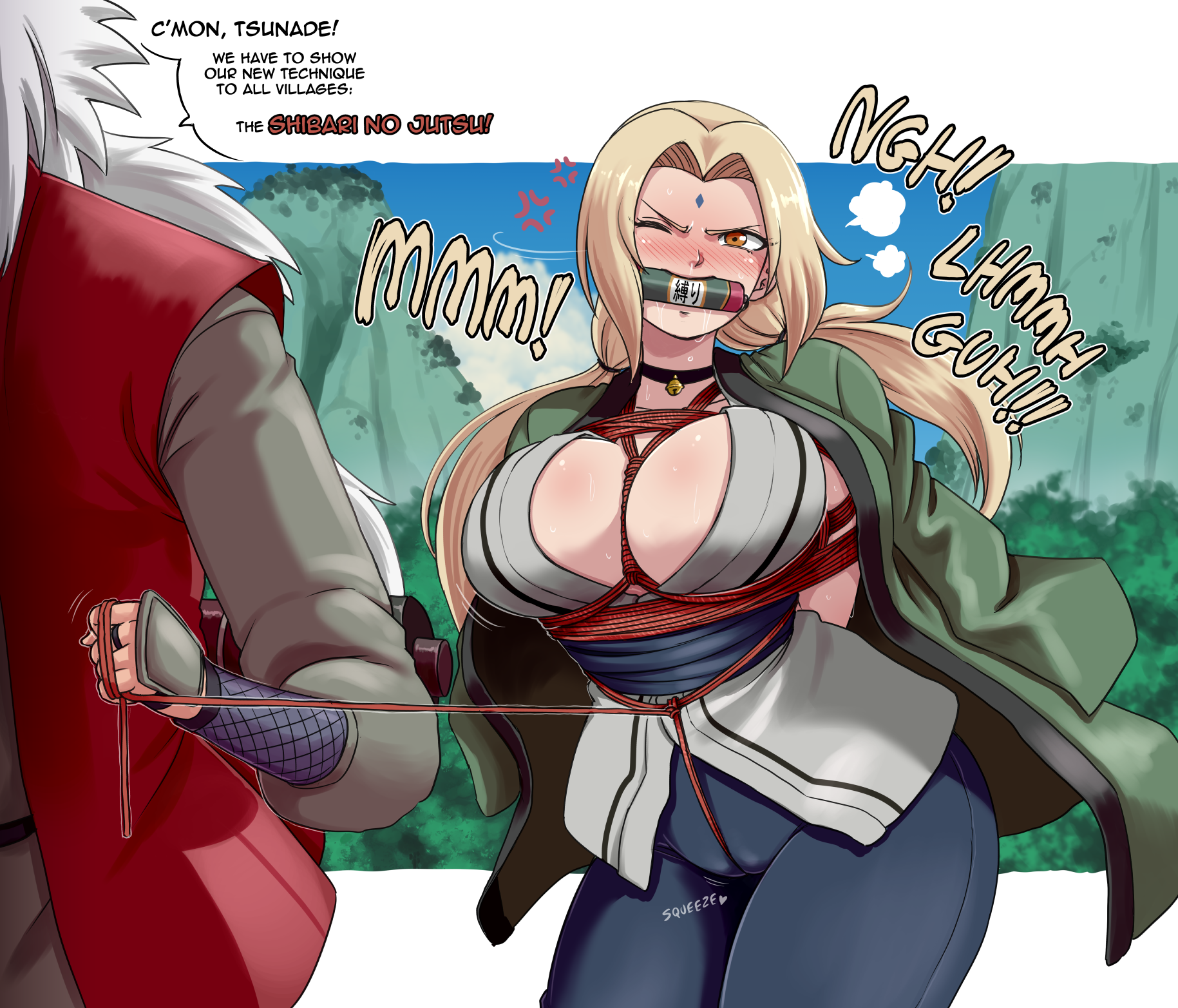 1boy, 1girls, angry, arms behind back, big breasts, blonde hair, bondage, breasts, brown eyes, busty, castagno, center opening, choker, dominant, dominant male, faceless male, female, fetish, gag, haori, head out of frame, huge breasts, improvised gag, issa94, jingle bell, jiraiya, kimono, male, male/female, mature, mature female, muzzle (object), muzzled, naruto, naruto (series), naruto shippuden, neckwear, nipples, no bra, one eye closed, pants, ponytail, scroll, submissive, submissive female, talking, talking to another, talking to partner, text, tied up, tsunade, twintails, white hair
