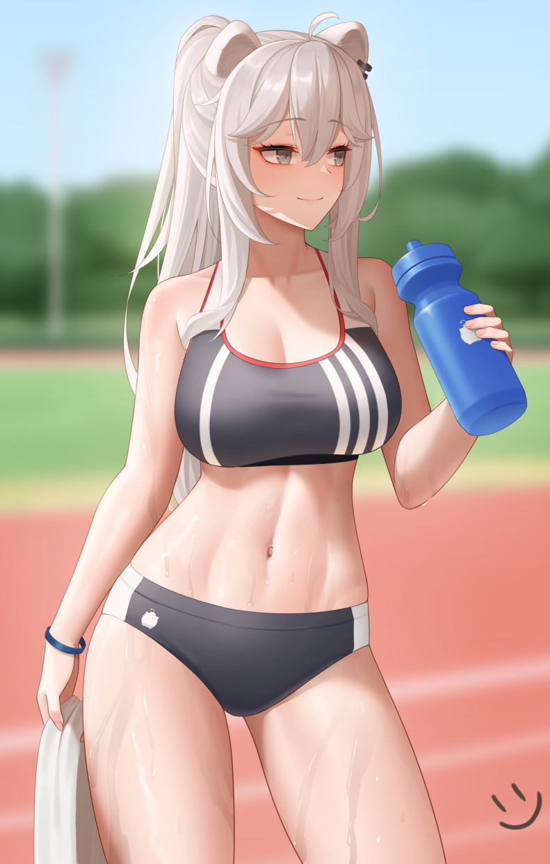 1girls, 2023, 2d, animal ears, bare arms, bare shoulders, black sports bra, blurry, blurry background, blush, bottle, breasts, buruma, cleavage, closed mouth, collarbone, cowboy shot, crop top, female, female only, grey eyes, grey hair, highres, holding, holding bottle, holding towel, hololive, hololive gen 5, hololive japan, large breasts, light skin, light-skinned female, lion ears, long hair, looking to the side, navel, outdoors, outside, pale skin, pale-skinned female, ponytail, shishiro botan, smile, solo, sports bra, sportswear, stomach, sweat, thighs, towel, virtual youtuber, water bottle, wei xiao, wet