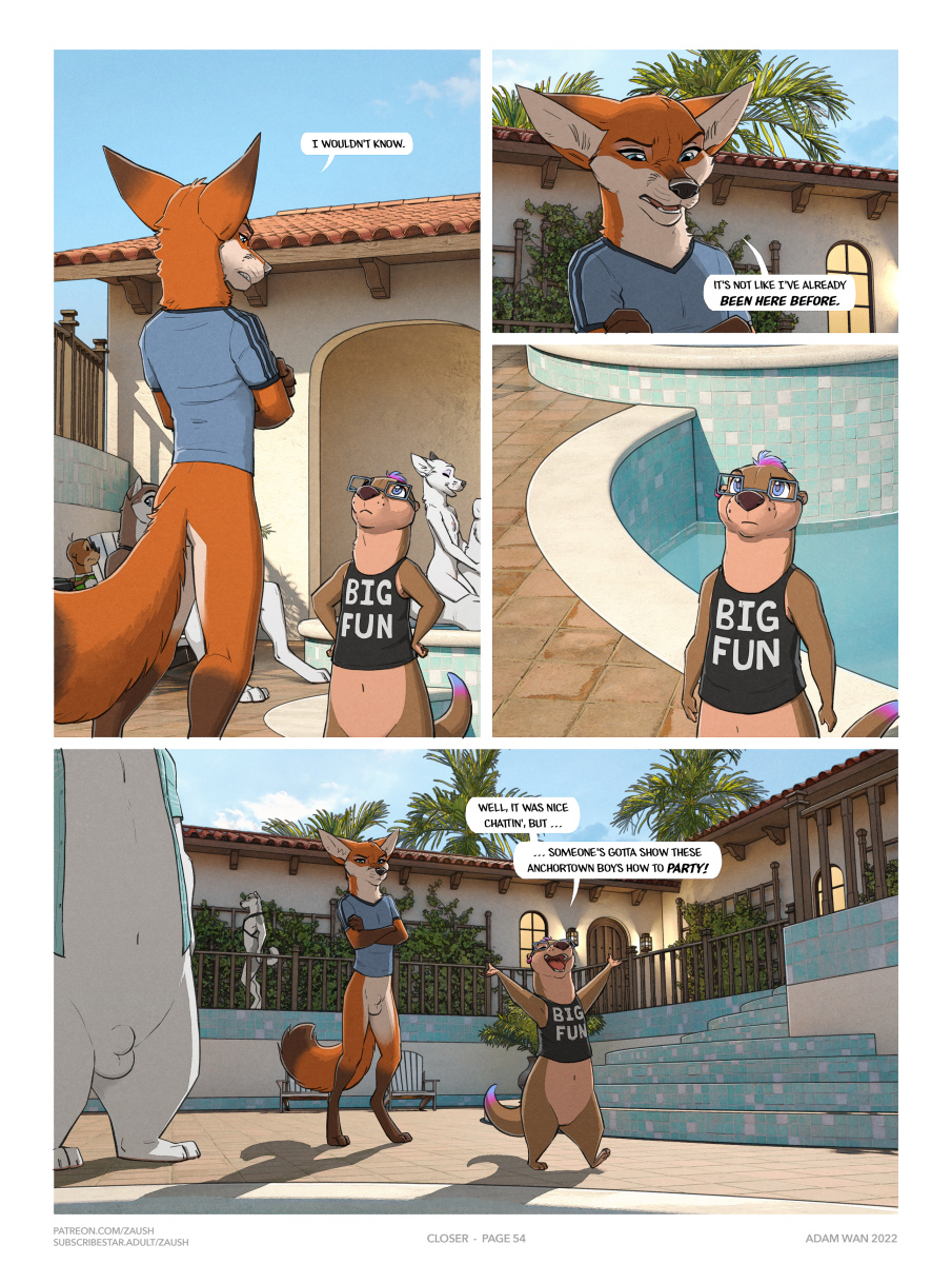 adam_wan andy_borrego_(zaush) animal_genitalia anthro balls blue_eyes bottomless breasts canid canine closer_(zaush) clothed clothing comic detailed_background digitigrade english_text eyewear female fox fully_sheathed fur genitals glasses group hi_res jayden_coultier_(zaush) larger_male looking_at_another lutrine male mammal mustelid nipples nude orange_body orange_fur otter page_54 page_number penis polar_bear sheath size_difference topwear ursid ursine zaush