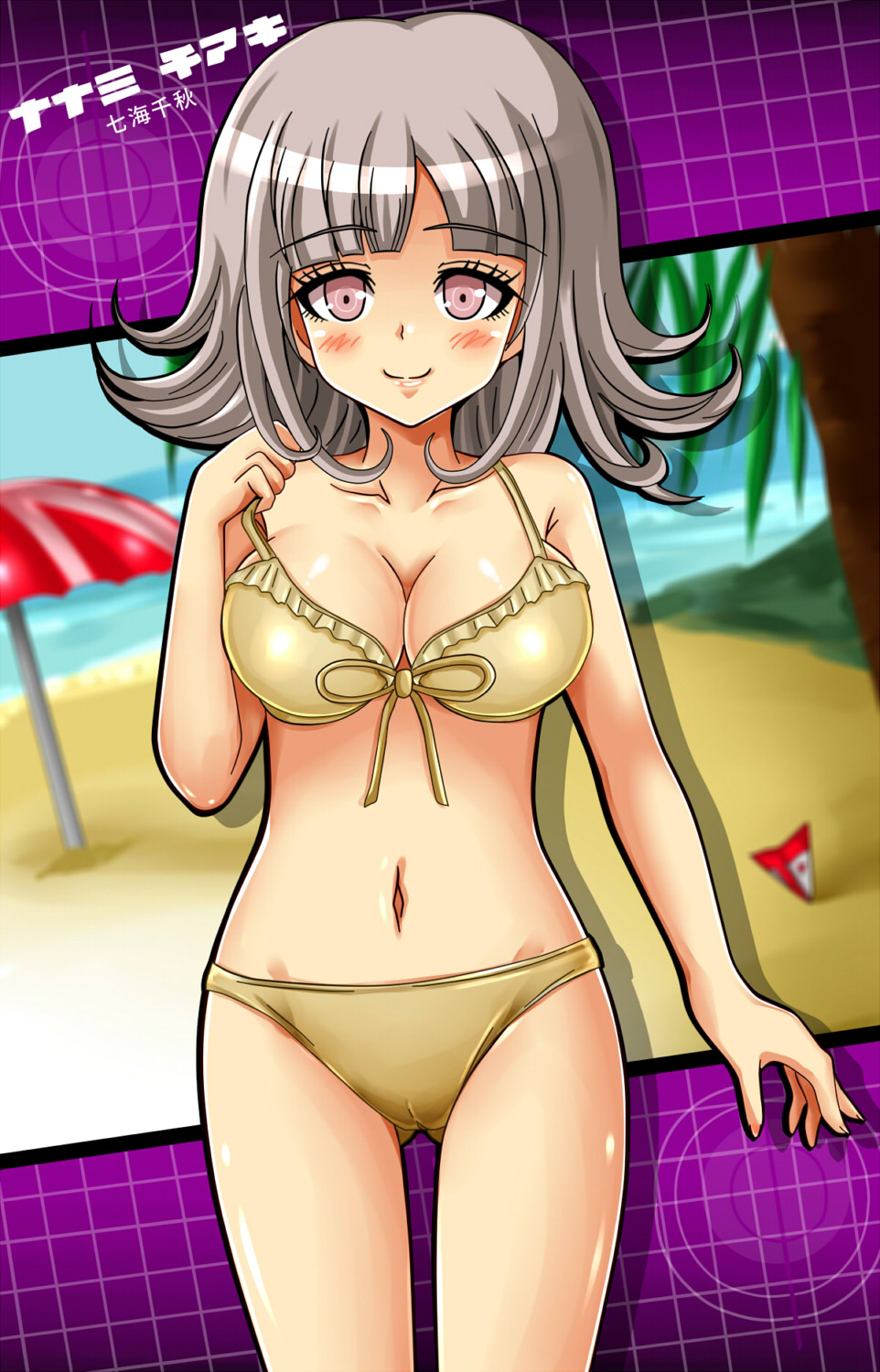 alternate_version_available beach bikini bikini_bottom bikini_pull bikini_top blush breasts danganronpa danganronpa_2:_goodbye_despair female_only large_breasts nanami_chiaki pussy see-through_clothing shiguko smooth_skin super_danganronpa_2