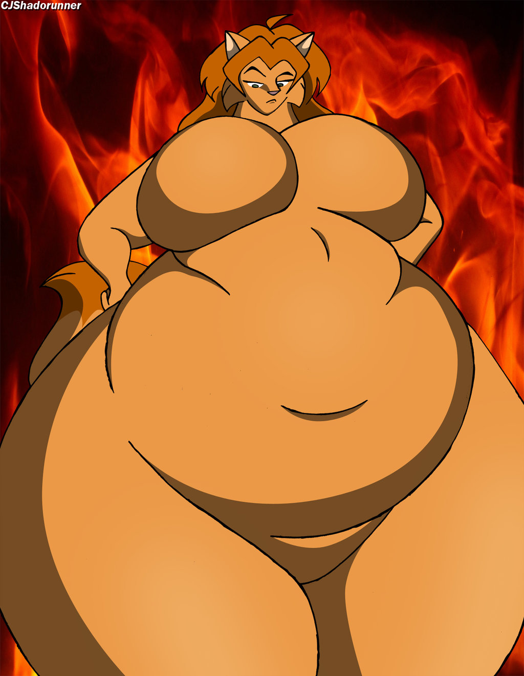 anthro breasts chrisandcompany daryl_vecat domestic_cat featureless_breasts felid feline felis female fire furry hair hi_res macro mammal no_nipples overweight overweight_anthro overweight_female solo