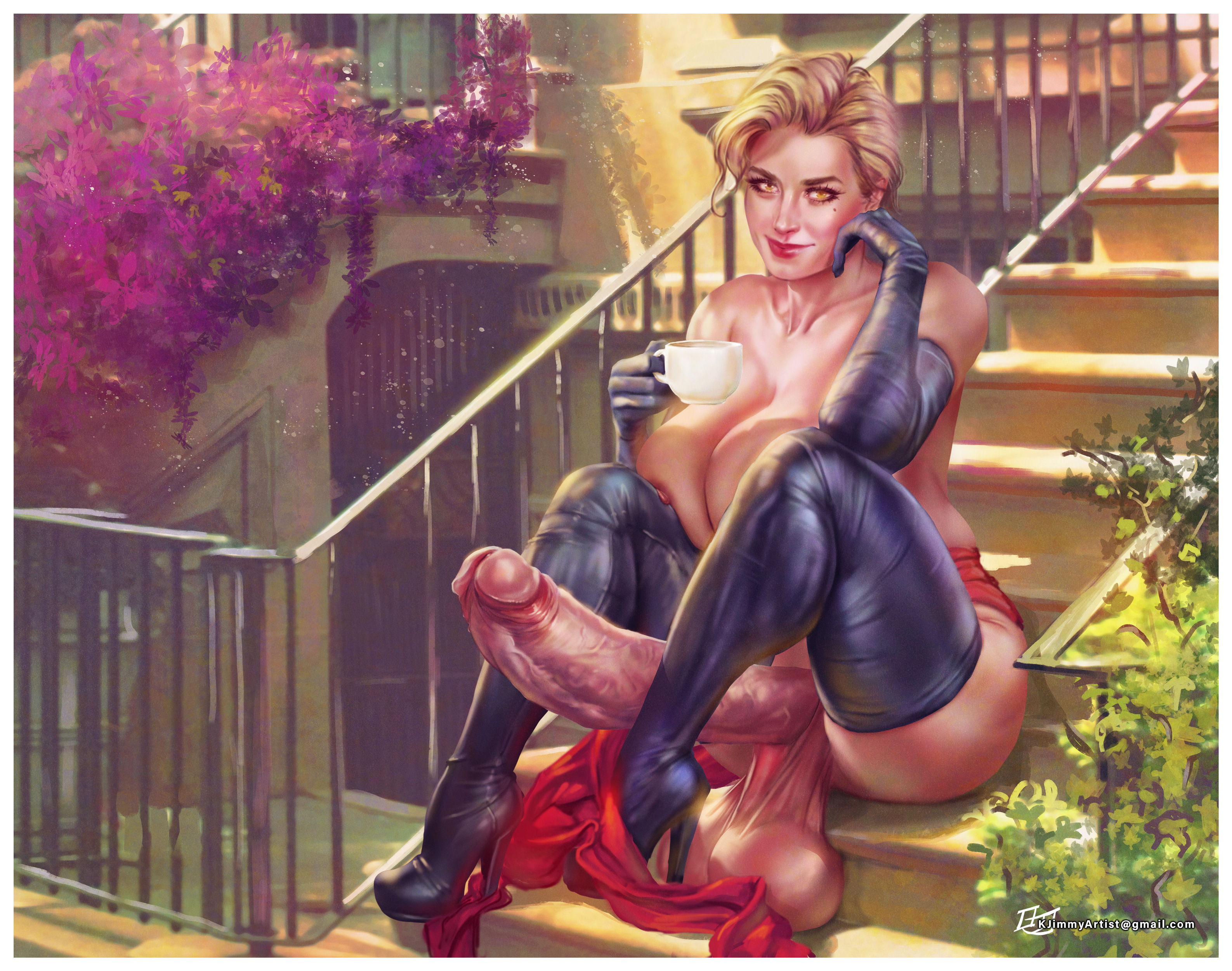 1futa, balls, ballsack, beauty mark, blonde hair, breasts, brie larson, captain marvel, carol danvers, dangling balls, dangling testicles, detailed background, elbow gloves, erect penis, erection, foreskin, foreskin folds, fully retracted foreskin, futa only, futanari, gloves, hanging breasts, heel boots, huge balls, huge breasts, huge cock, human, intersex, kinkyjimmy, large breasts, large hips, light skin, light-skinned futa, looking at viewer, low hanging balls, marvel, marvel comics, ms. marvel, ms. marvel (carol danvers), nude, penis, penis out, public, red sash, retracted foreskin, sagging balls, scrotum, shaved crotch, short hair, smiling, smiling at viewer, smirking, smug, smug grin, solo, stairs, tea cup, testicles, uncircumcised, uncut, veiny penis, yellow eyes