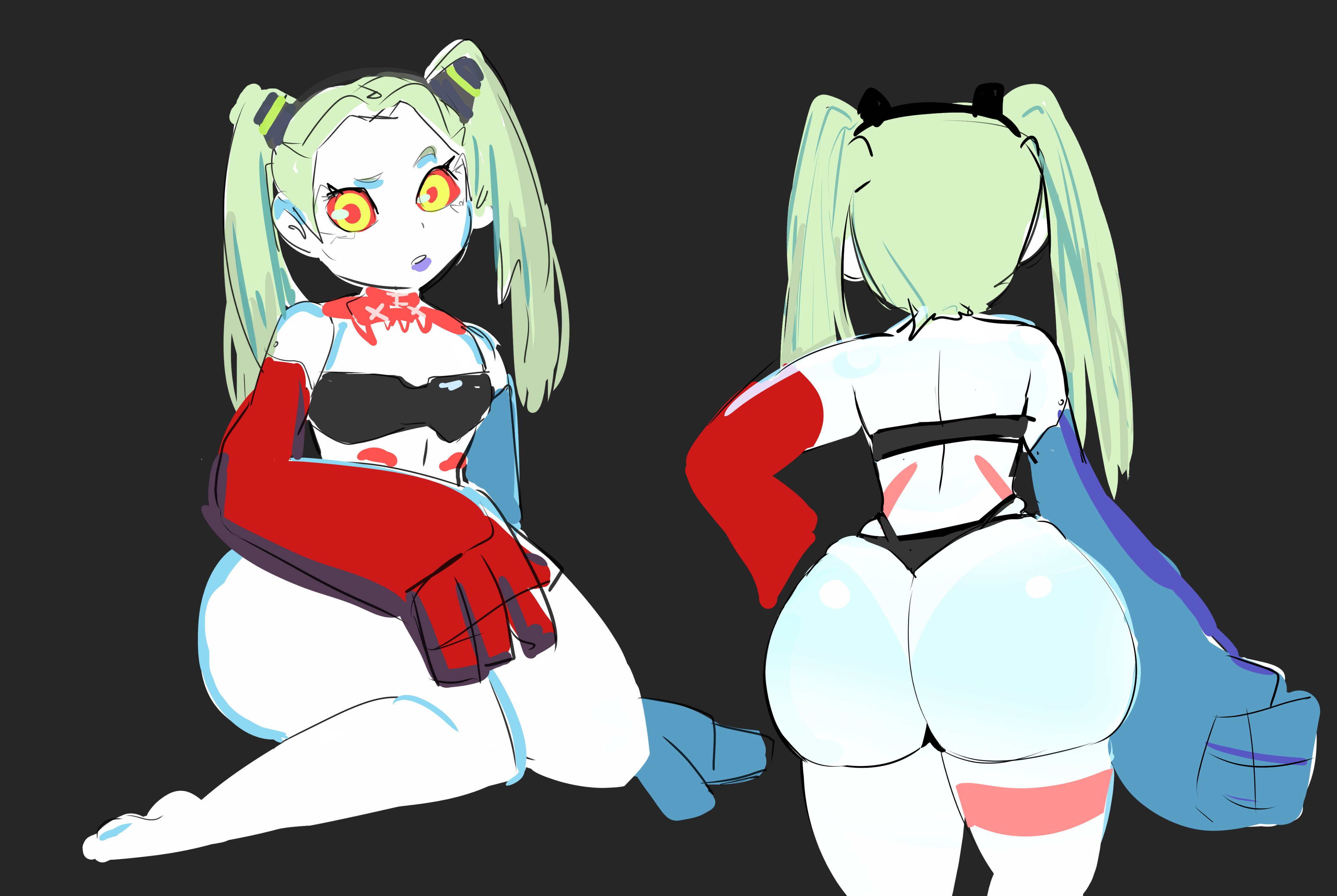 1girls, ass, big ass, big butt, body markings, breasts, cybernetics, cyberpunk 2077, cyberpunk: edgerunners, cyborg, doodle, female, female only, green eyes, nicechan, panties, rebecca (edgerunners), red sclera, robotic arm, small breasts, solo, tan, tanline, thighs, twintails