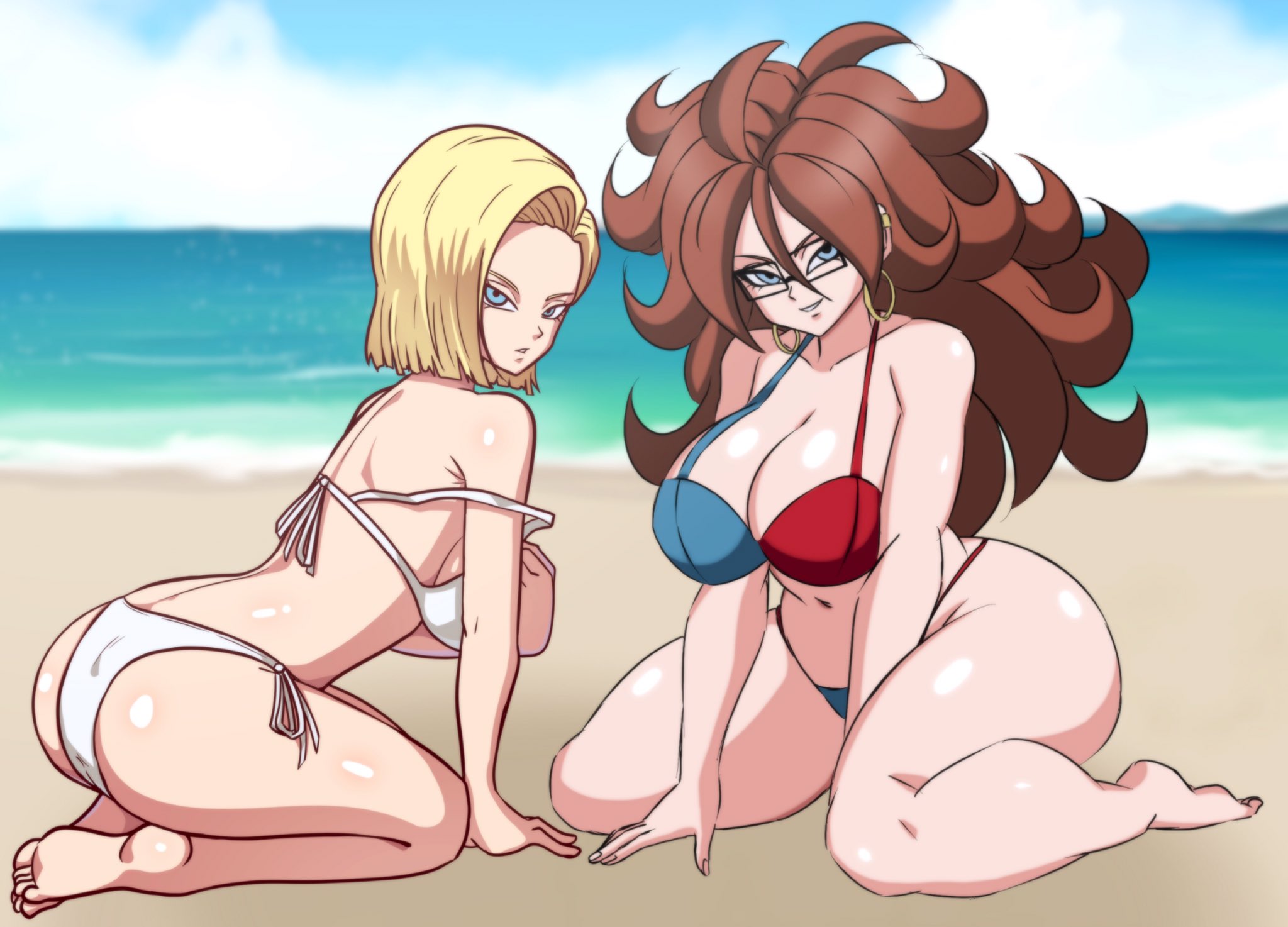 2girls, android 18, android 21, android 21 (human), beach, big breasts, bikini, blonde hair, blue bikini, breasts, brown hair, darwaarts, dragon ball, dragon ball fighterz, dragon ball super, earrings, etzel, female, glasses, hi res, highres, hoop earrings, long hair, multiple females, multiple girls, red bikini, short hair, white bikini