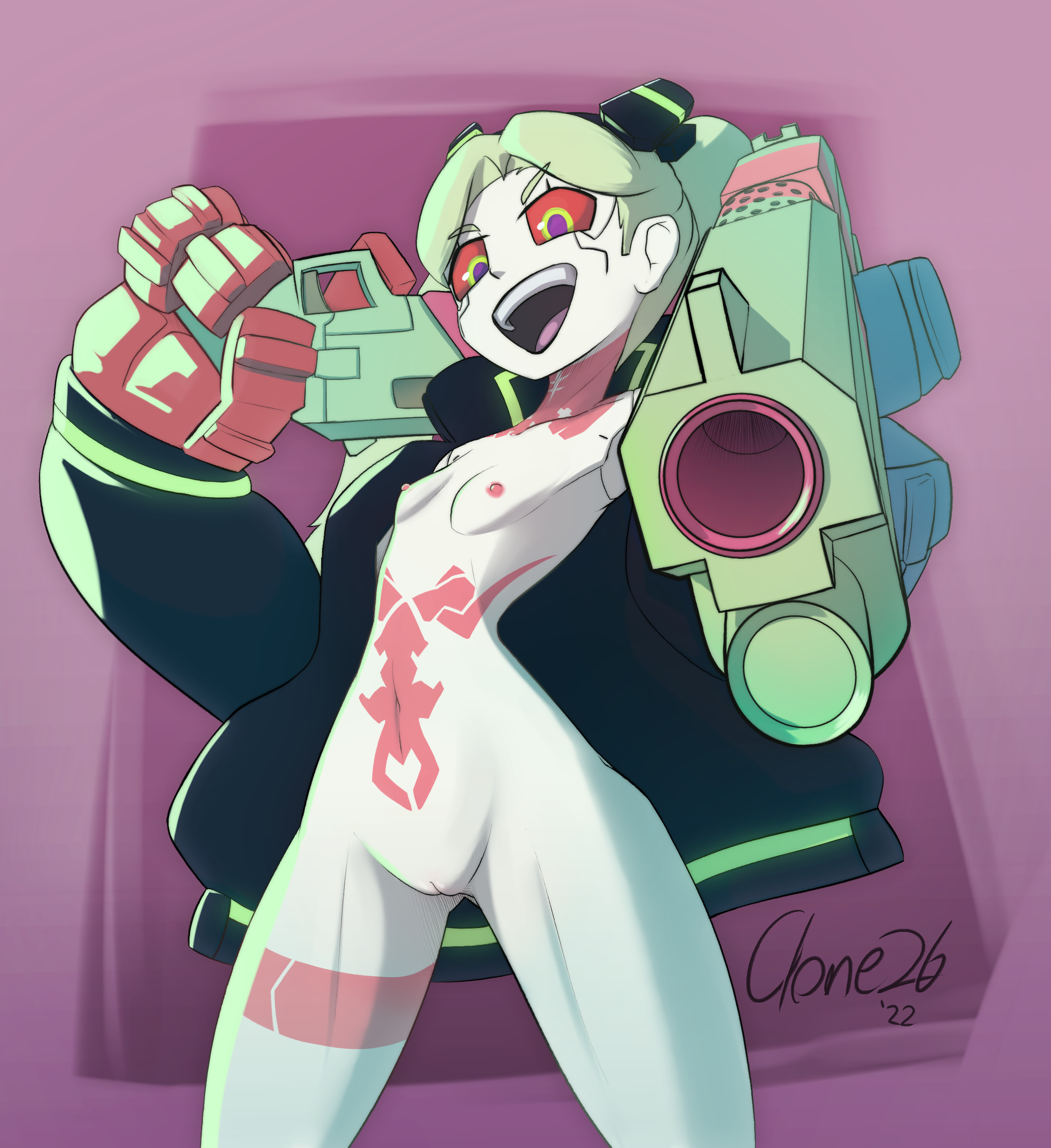 2020s, 2022, absurd res, accessory, big eyes, big head, bottomless, breasts, casual, clone26, clothed, clothing, cybernetic arm, cybernetic eye, cybernetic limb, cybernetics, cyberpunk 2077, cyberpunk: edgerunners, cyborg, dual wielding, female, firearm, genitals, green eyes, green hair, gun, hair, headband, hi res, holding object, holding weapon, human, humanoid, jacket, looking at viewer, machine, mammal, mostly nude, navel, netflix, nipples, outerwear, pink nipples, pointing gun at viewer, purple eyes, pussy, ranged weapon, rebecca (edgerunners), red sclera, shotgun, slim, small ass, small breasts, small nose, smile, solo, studio trigger, tattoo, topwear, twintails, weapon, white body, white skin