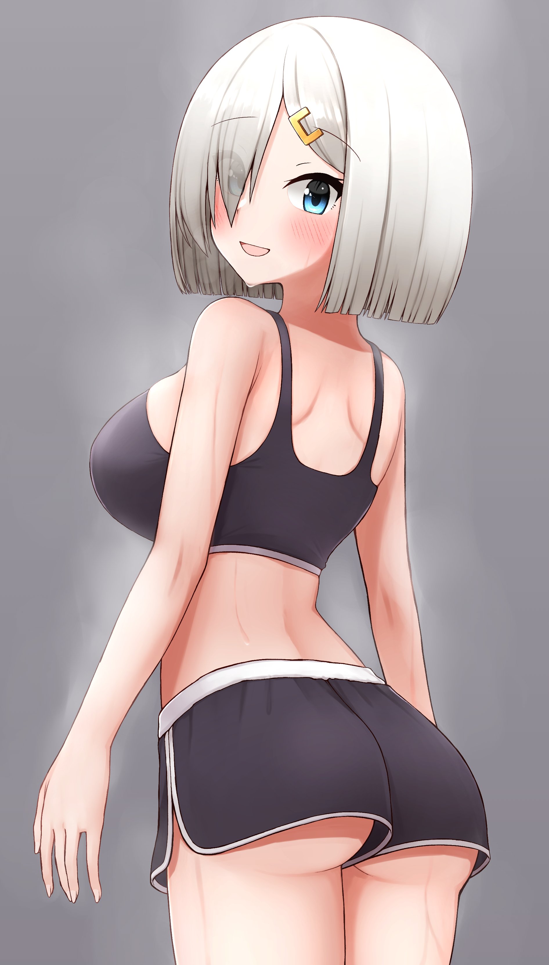 absurdres, alternate costume, ass, black bra, black shorts, blue eyes, bra, breasts, cowboy shot, dolphin shorts, eyes visible through hair, female, from behind, grey background, hair ornament, hair over one eye, hairclip, hamakaze (kantai collection), highres, kantai collection, large breasts, looking at viewer, short hair, shorts, solo, sports bra, tiemu (man190), underwear, white hair