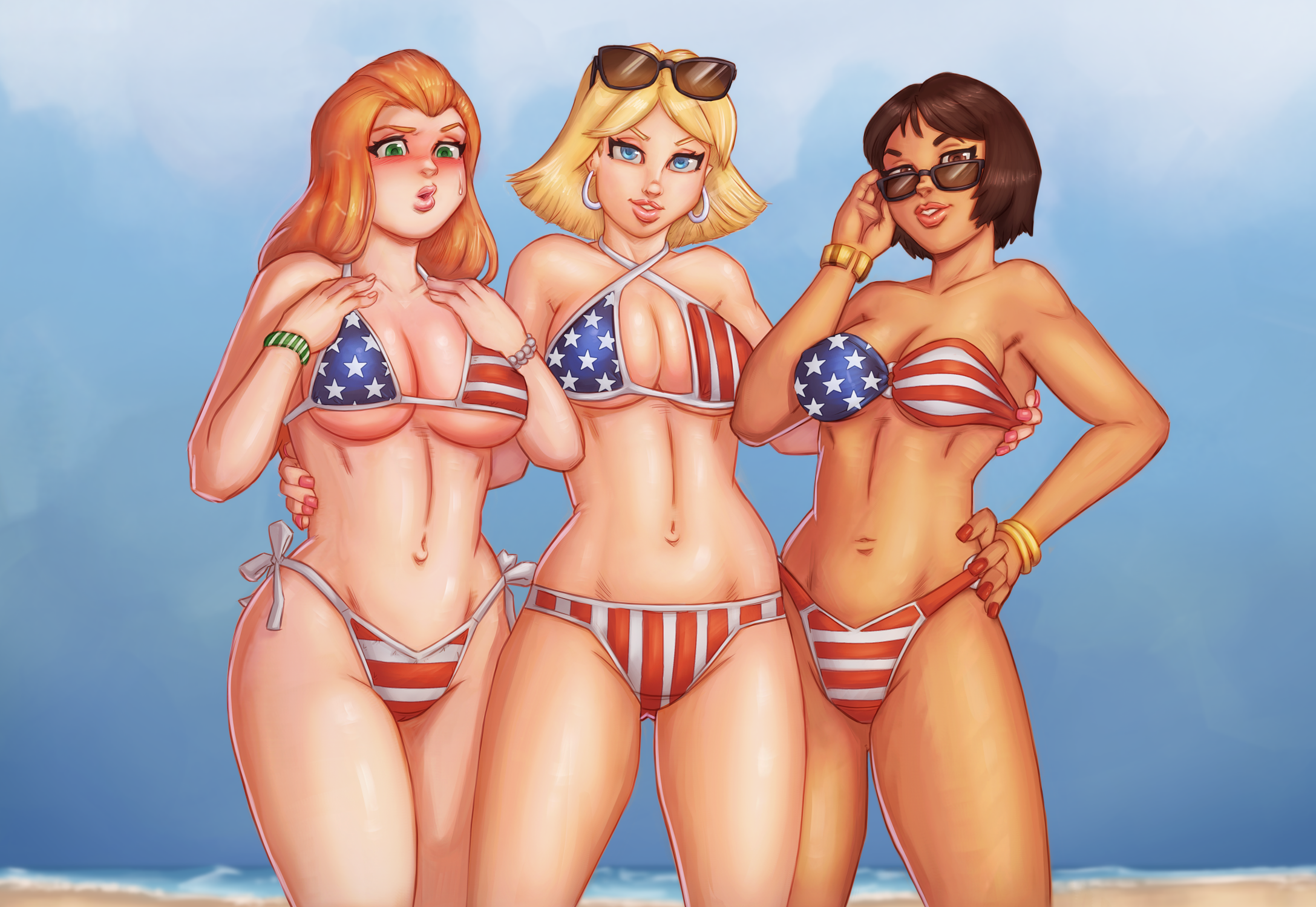 3girls, alex (totally spies), american flag bikini, beach, big breasts, bikini, black hair, blonde hair, blue eyes, blush, breasts, brown eyes, cleavage, clover (totally spies), dark skin, eyewear, female, female only, green eyes, hazel eyes, human, l0ngsword, large breasts, latina, long hair, medium hair, orange hair, pale skin, redhead, revealing clothes, sam (totally spies), seaside, short hair, sunglasses, sunglasses on head, swimwear, thick thighs, totally spies, trio, voluptuous, wristwear, yellow eyes