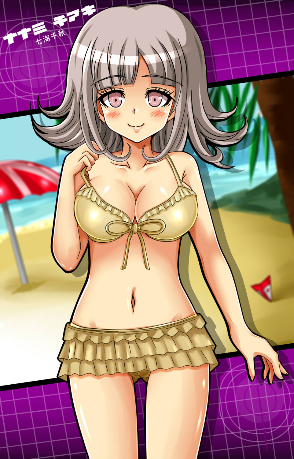 alternate_version_available beach bikini bikini_bottom bikini_pull bikini_top blush breasts danganronpa danganronpa_2:_goodbye_despair female_only large_breasts nanami_chiaki shiguko smooth_skin super_danganronpa_2