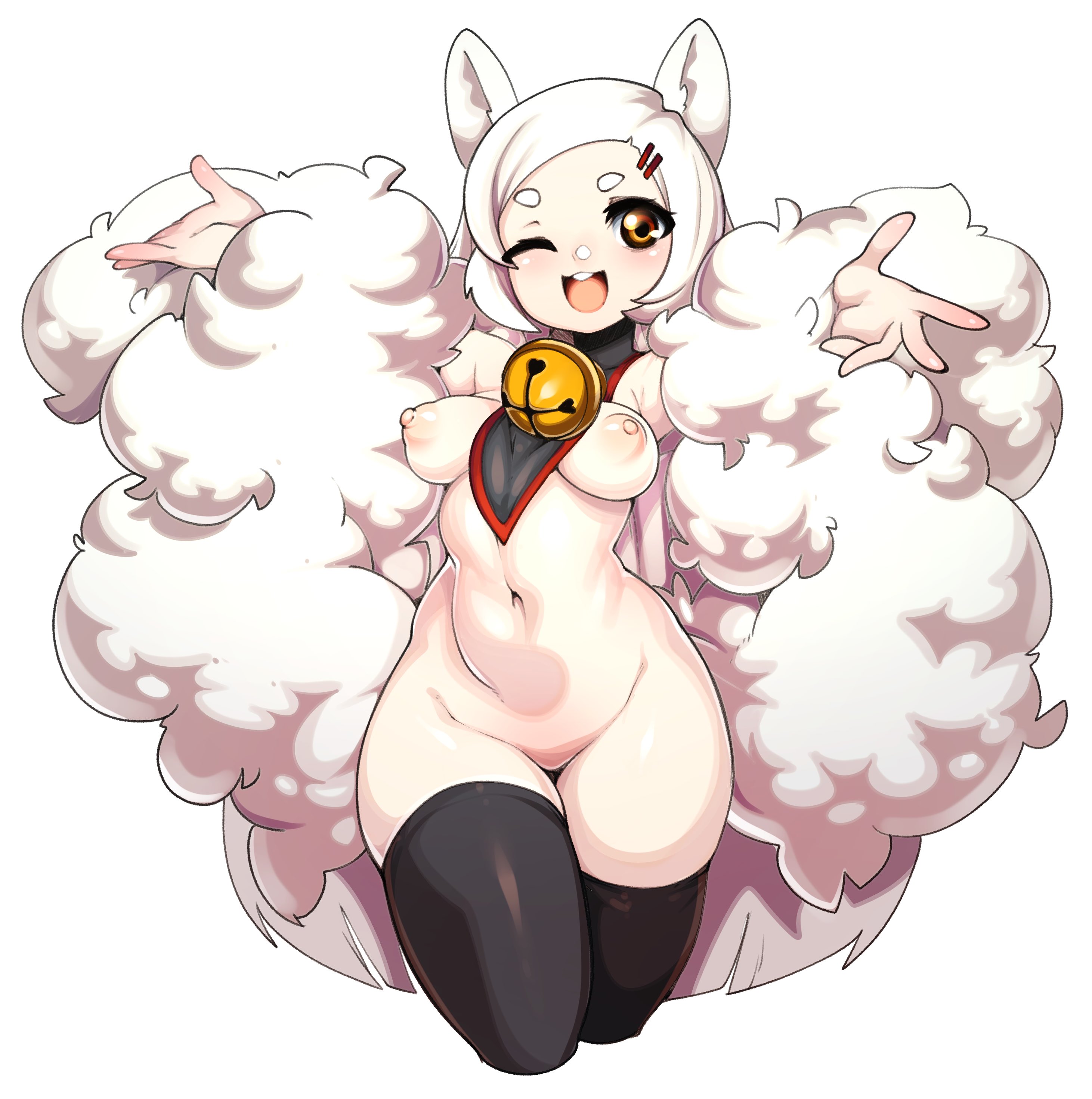 ;d, absurdres, animal ears, bell, black thighhighs, breasts, brown eyes, english commentary, female, fur, hair ornament, hairclip, highres, looking at viewer, medium breasts, navel, neck bell, nipples, nude, one eye closed, open mouth, original, short hair, simple background, slugbox, smile, solo, thighhighs, white background, white hair