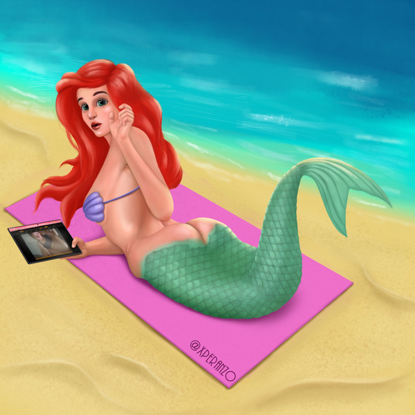 1girls ariel ass beach beach_towel disney disney_princess female green_tail holding_tablet looking_at_viewer looking_back mermaid mermaid_ass mermaid_tail monster_girl seashell_bra shell_bikini sunbathing tablet tanning the_little_mermaid watching_porn xperanzo