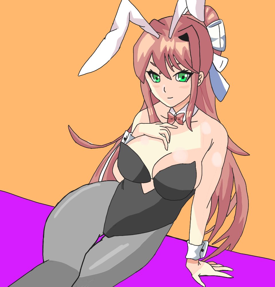 1girls arthurf_(artist) black_bunny_ears black_bunnysuit blush bow brown_hair bunny_costume bunny_ears bunny_girl bunnysuit doki_doki_literature_club female green_eyes looking_at_viewer monika_(doki_doki_literature_club) pontail solo white_bow