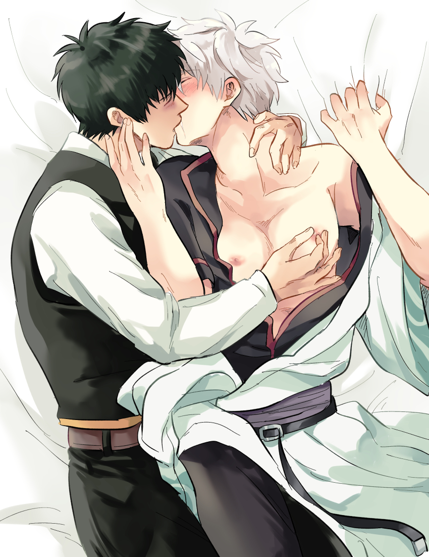 2boys black_hair blush closed_eyes foreplay gay gintama gintoki_sakata hijikata_toshiro japanese_clothes kimono kissing male male_only natsugin77 nipple_pinch nipple_tweak off_shoulder on_back on_bed on_side open_kimono open_shirt police_uniform sheet_grab shinsengumi_(gintama) uniform white_hair yaoi